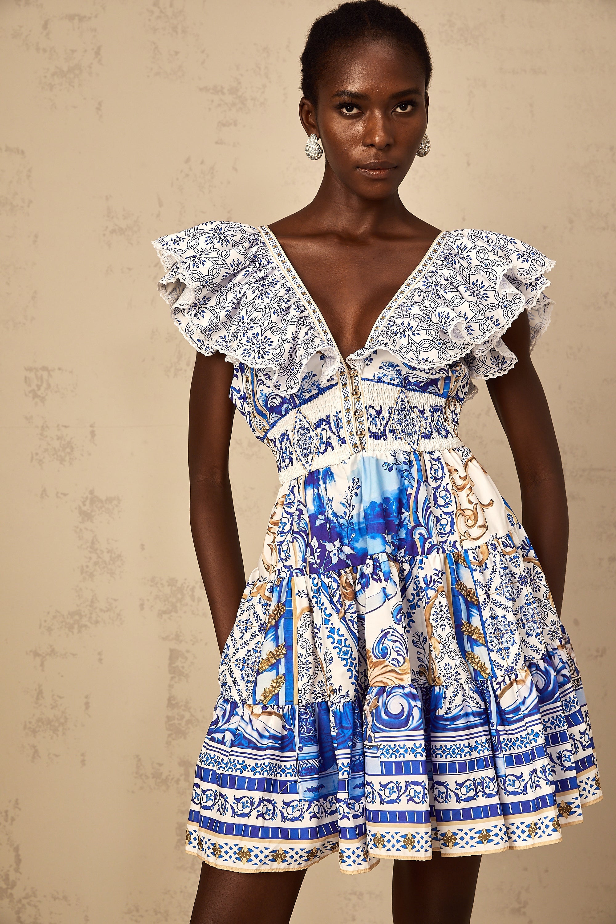 Calliopée Blue Baroque Print Tiered Mini Dress (Final Sale-US Only)