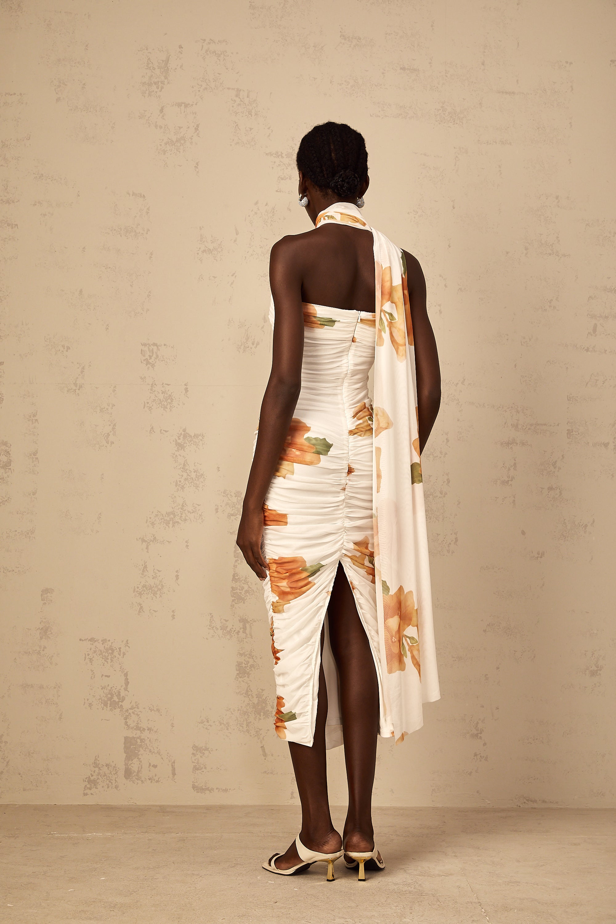 Frida white floral-print ruched tulle midi dress