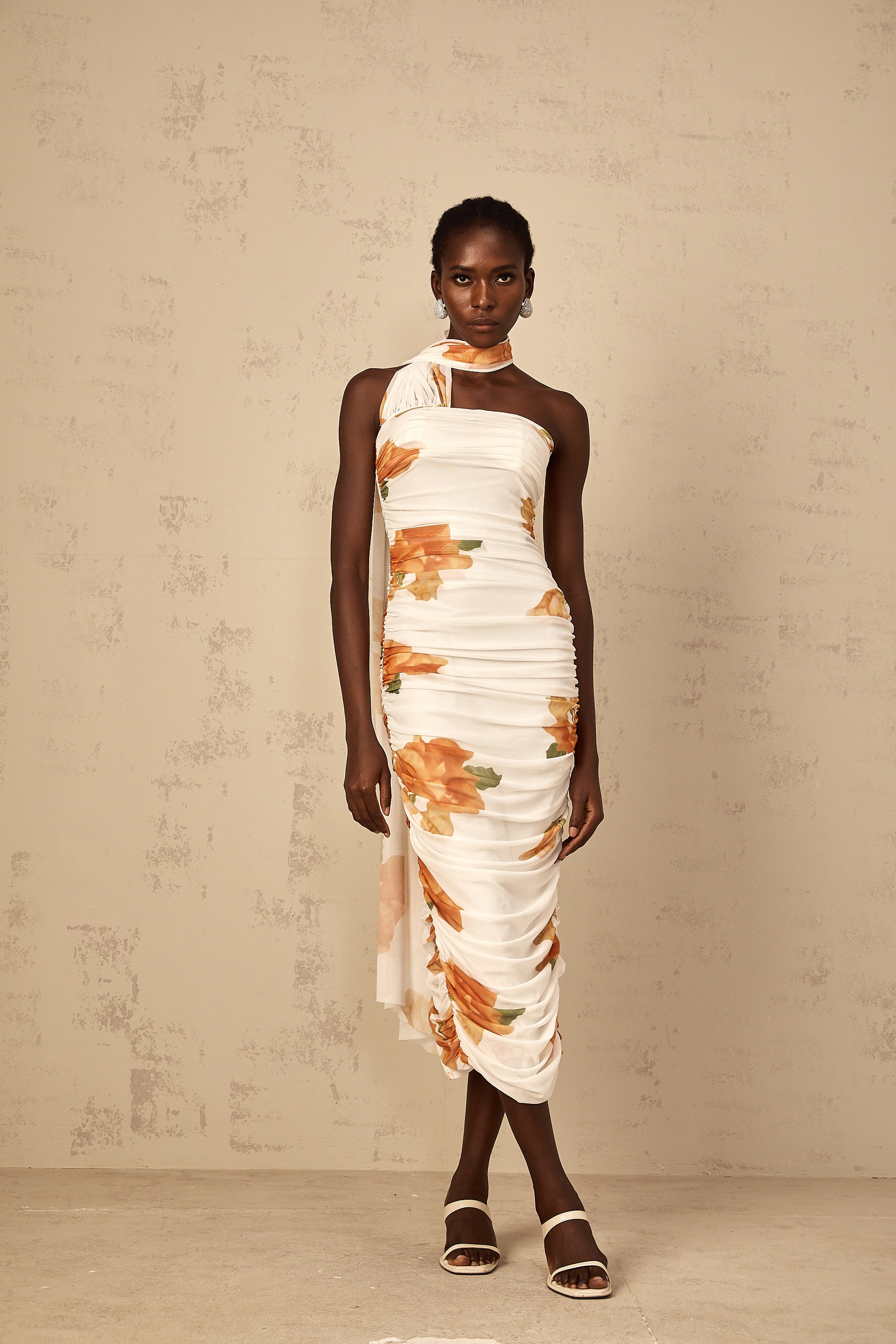 Frida white floral-print ruched tulle midi dress (Final Sale-US Only)