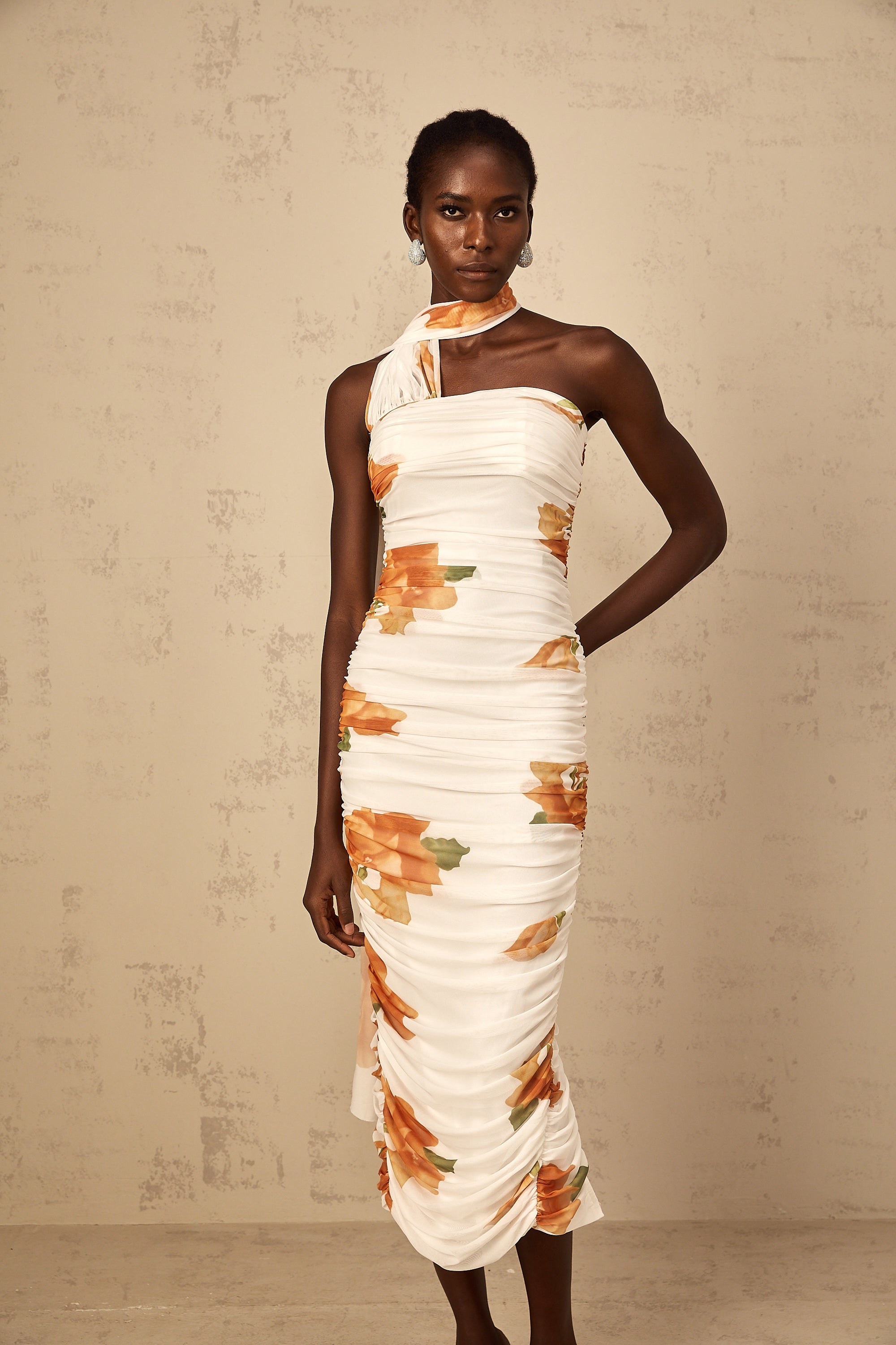 Frida white floral-print ruched tulle midi dress (Final Sale-US Only)