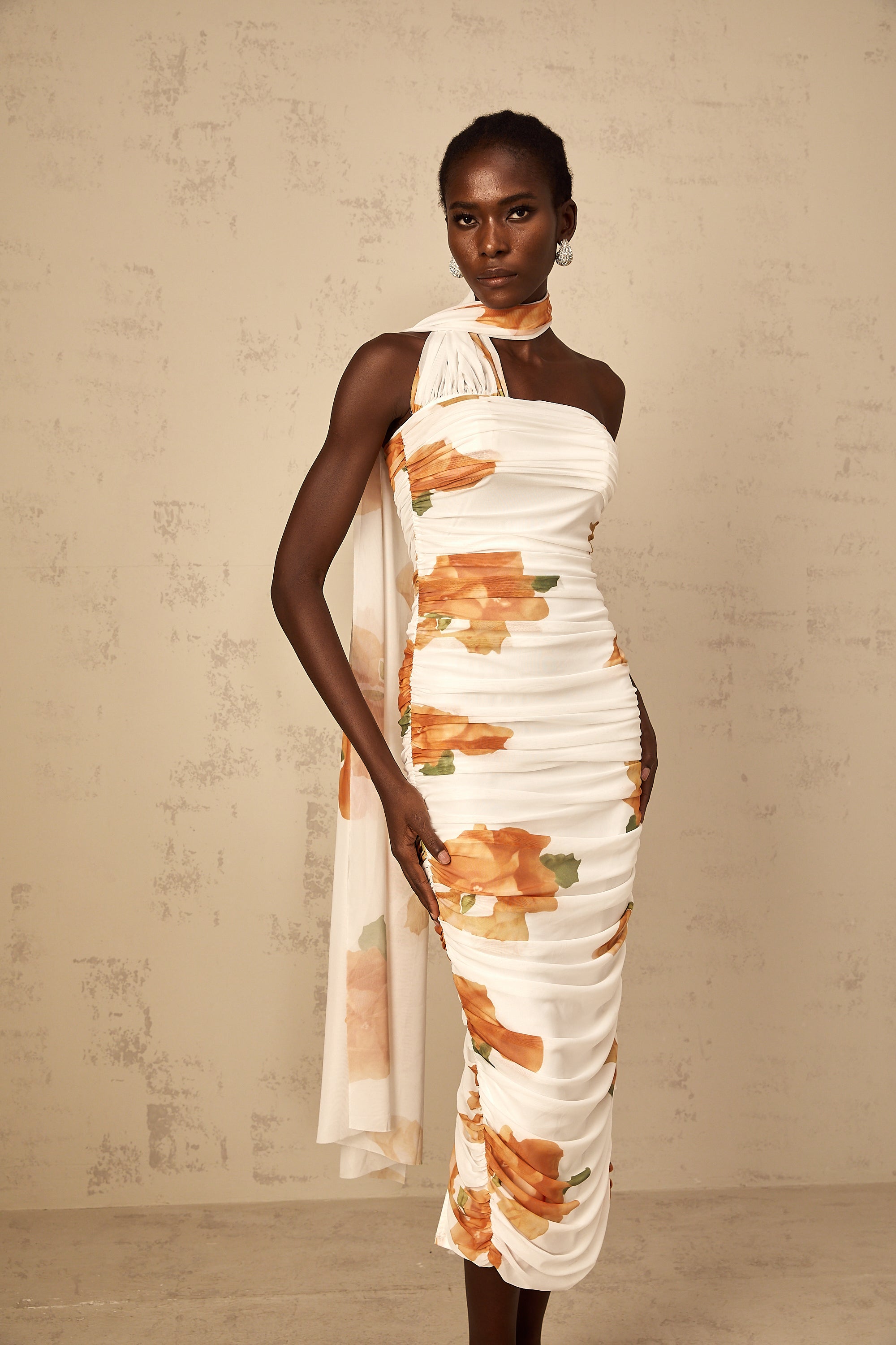 Frida white floral-print ruched tulle midi dress (Final Sale-US Only)