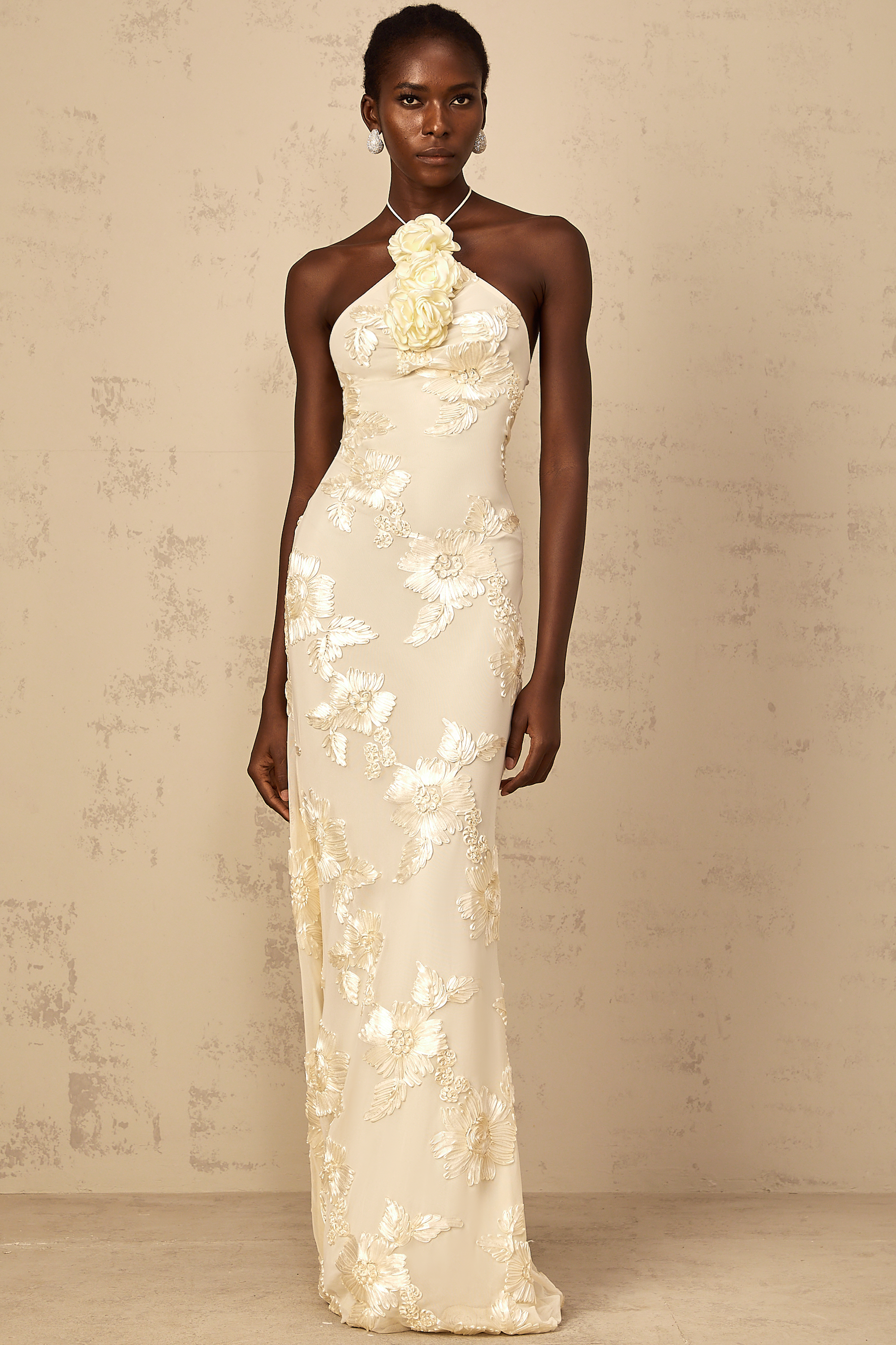 Melanie Neutrals Embroidered Halterneck Maxi Dress (Final Sale-US Only)