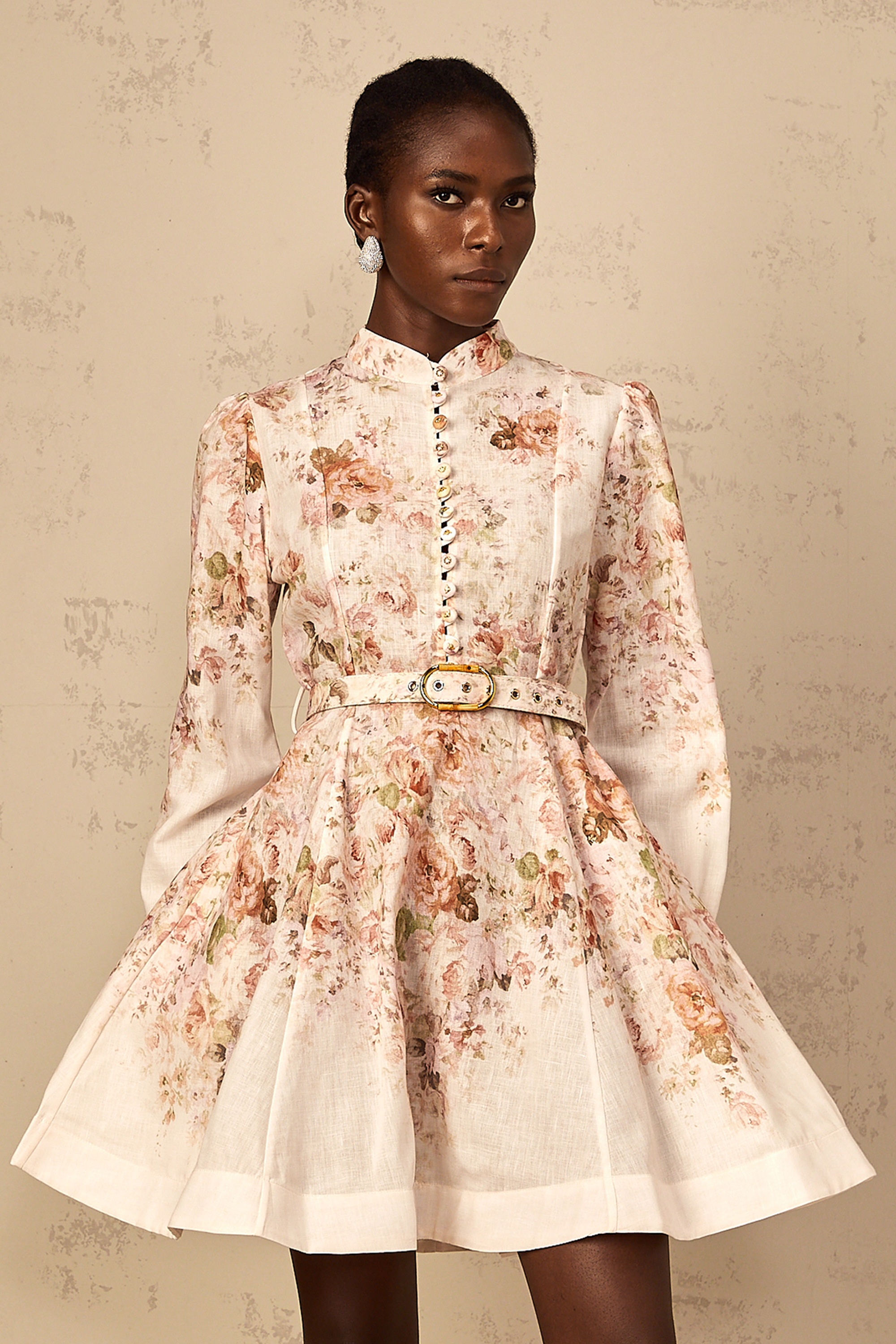 Bianca Beige Floral Print Mini Dress