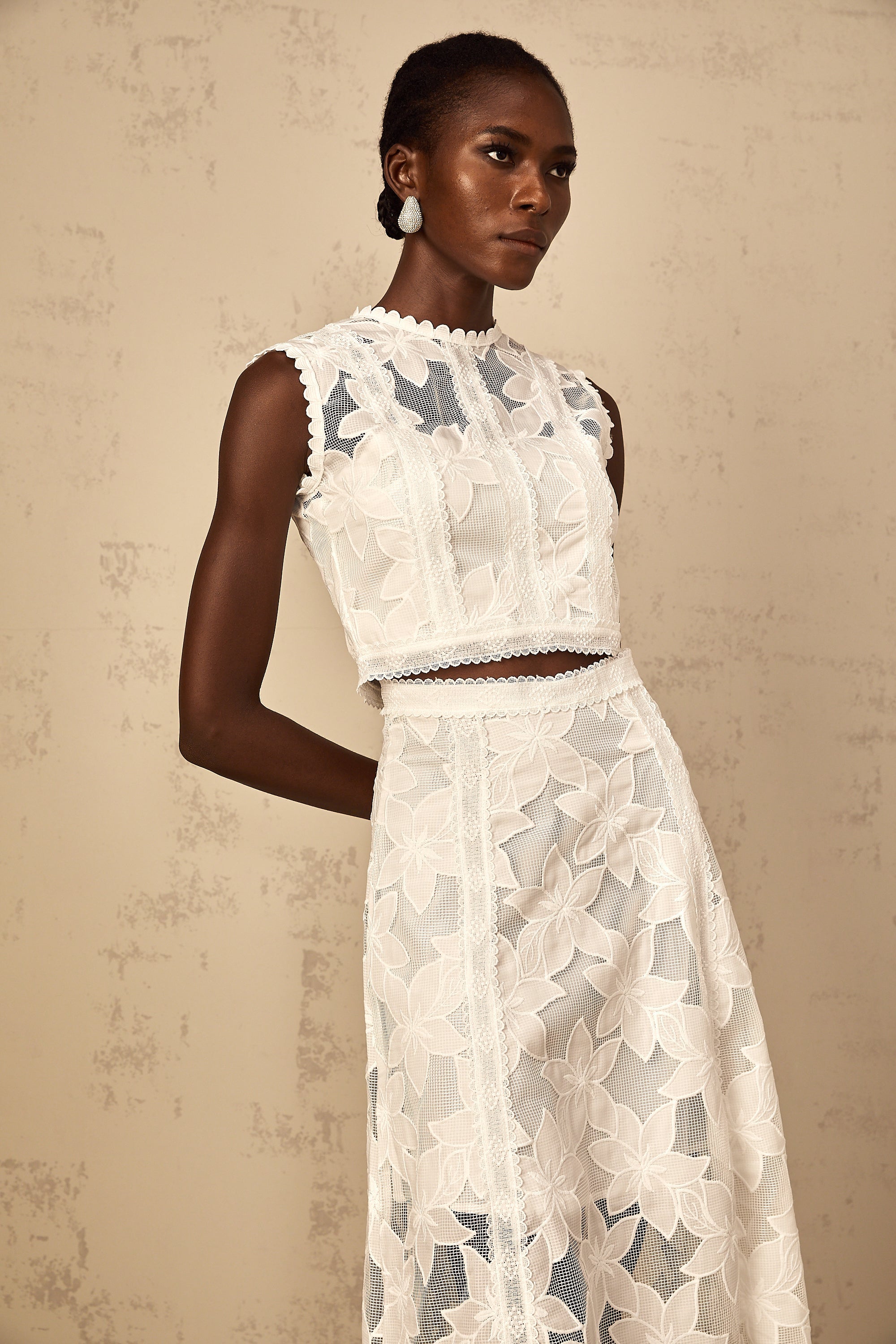 Mailys Floral Embroidered Top & Skirt Set in White