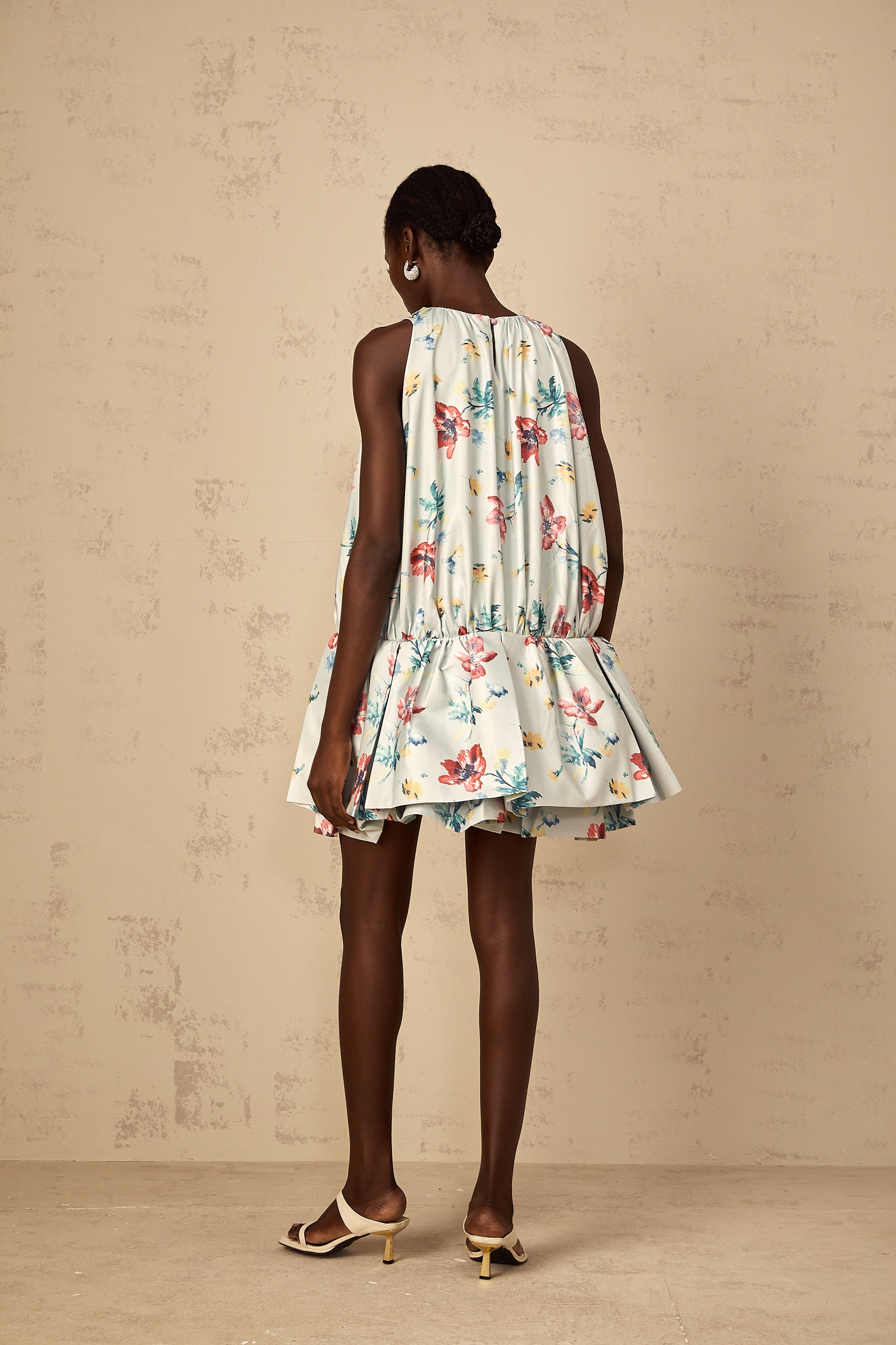 Wendy Green Floral Print Shirred Mini Dress