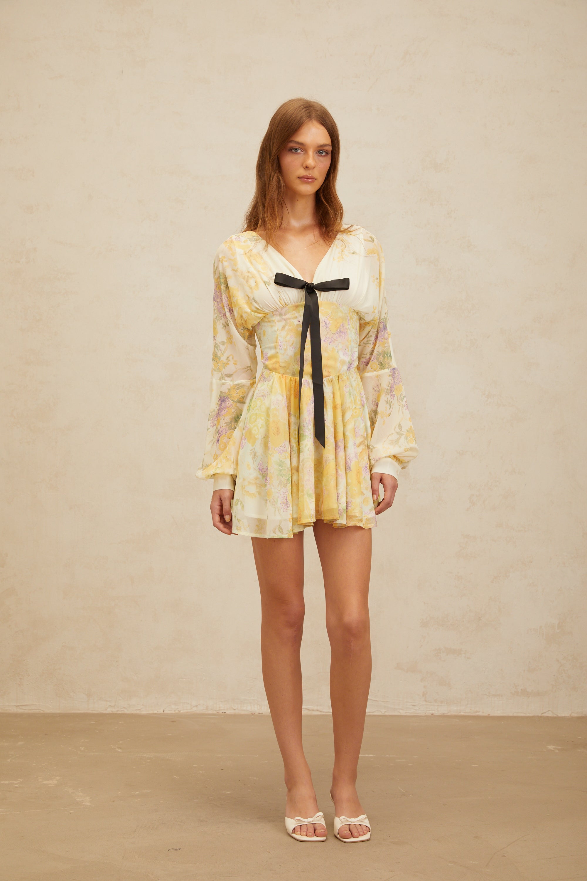 Justine Yellow Bowknot Floral Print Chiffon Mini Dress