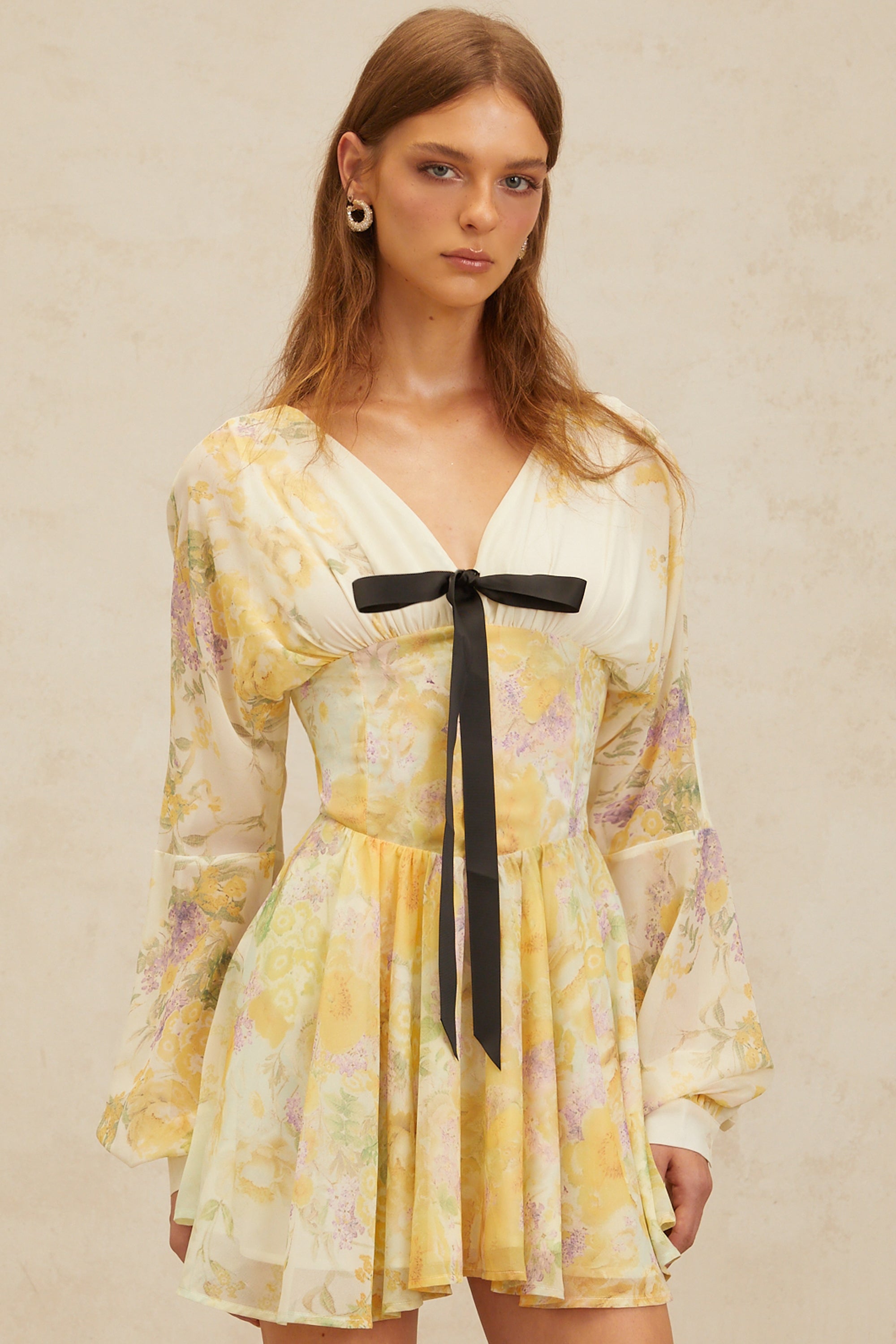 Justine Yellow Bowknot Floral Print Chiffon Mini Dress