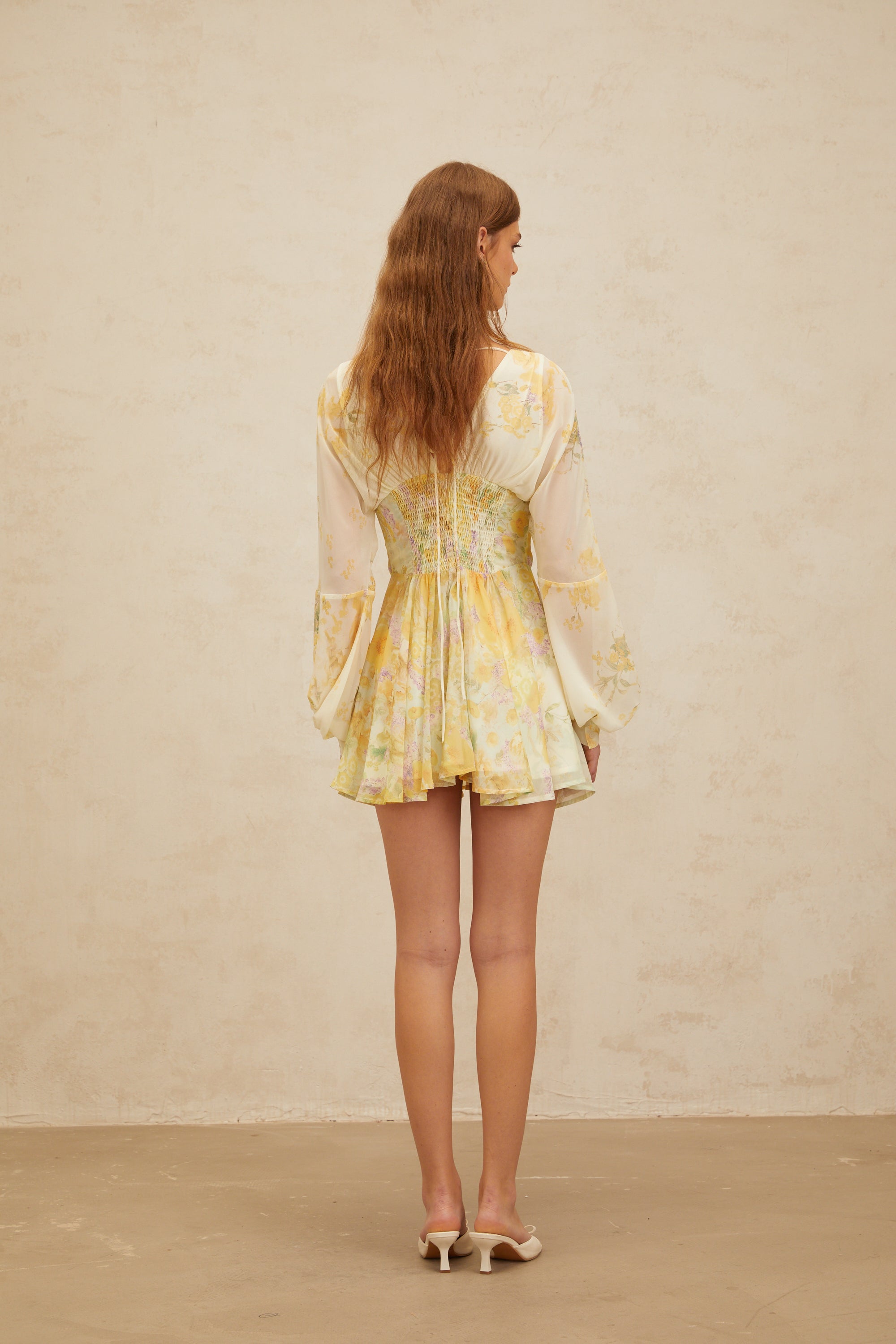 Justine Yellow Bowknot Floral Print Chiffon Mini Dress