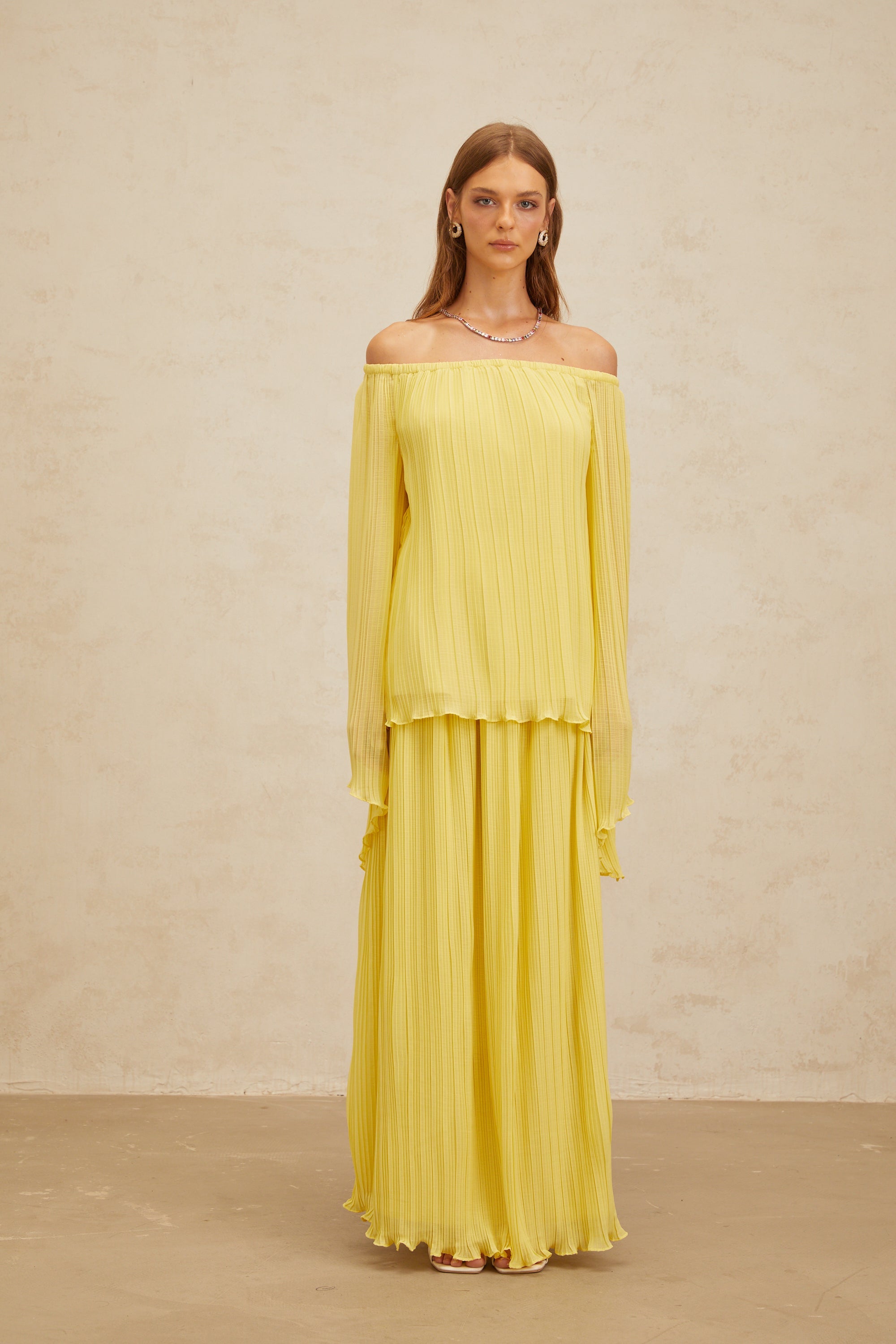Yseult Yellow Pleated Casual Blouse & Skirt Set