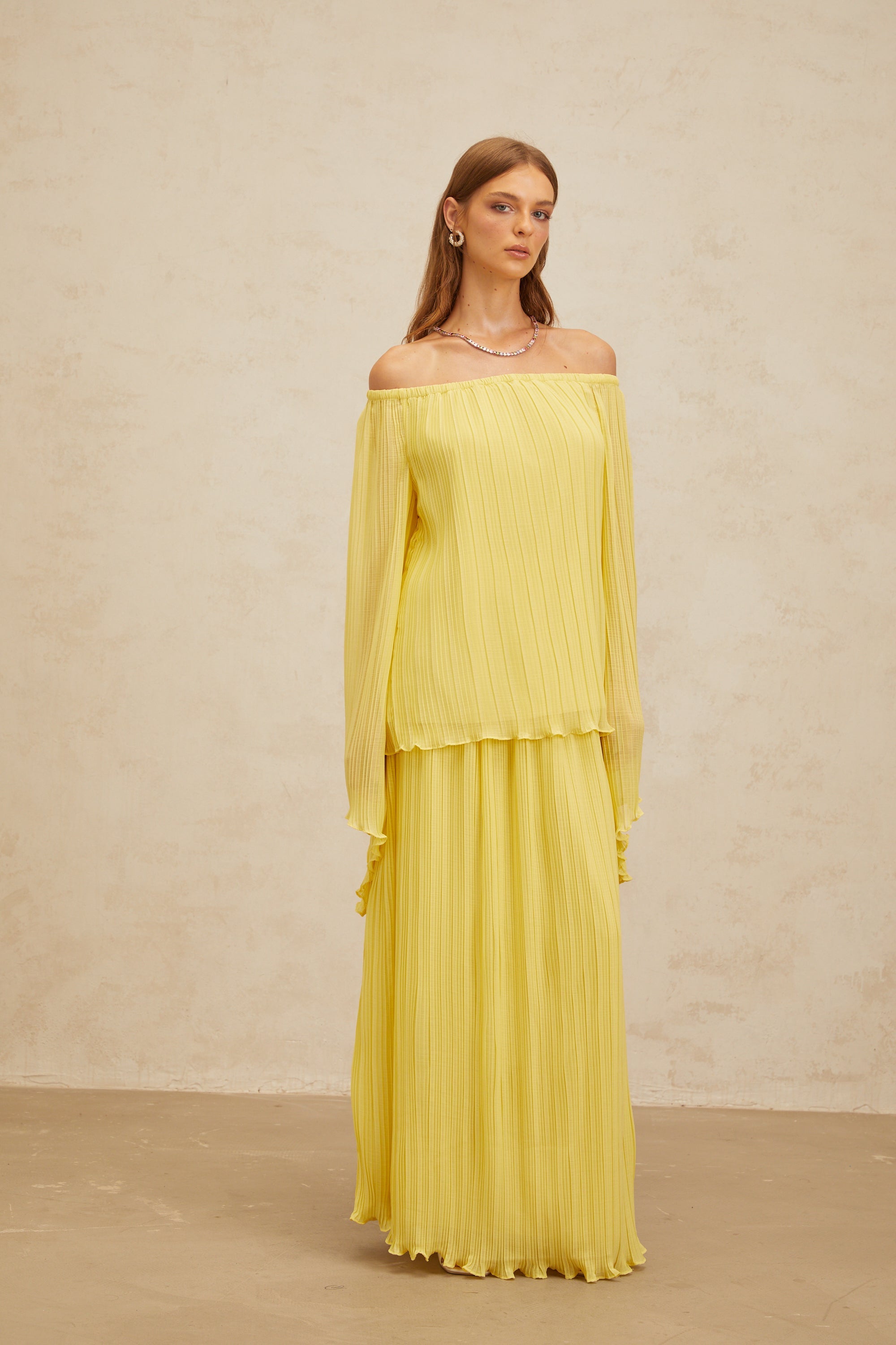 Yseult Yellow Pleated Casual Blouse & Skirt Set