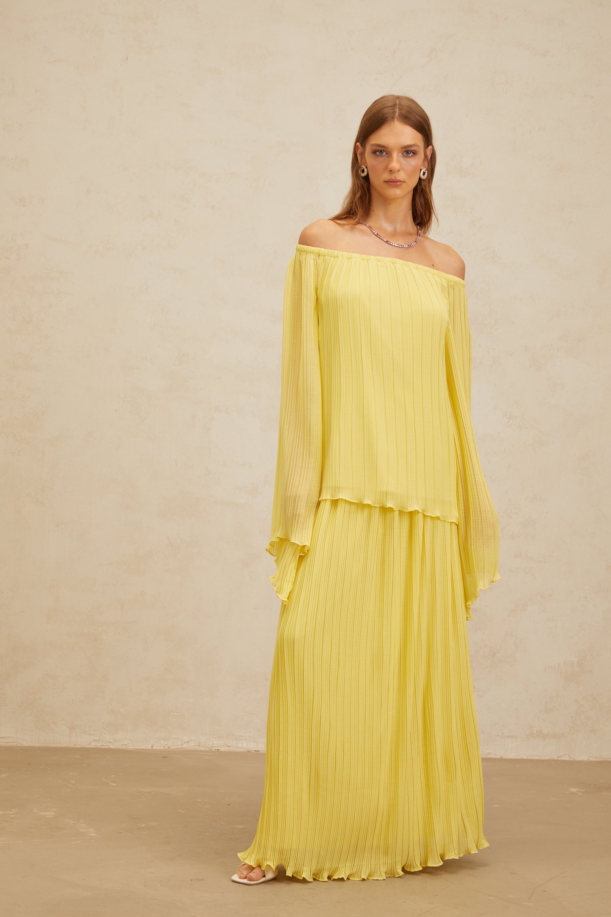 Yseult Yellow Pleated Casual Blouse & Skirt Set