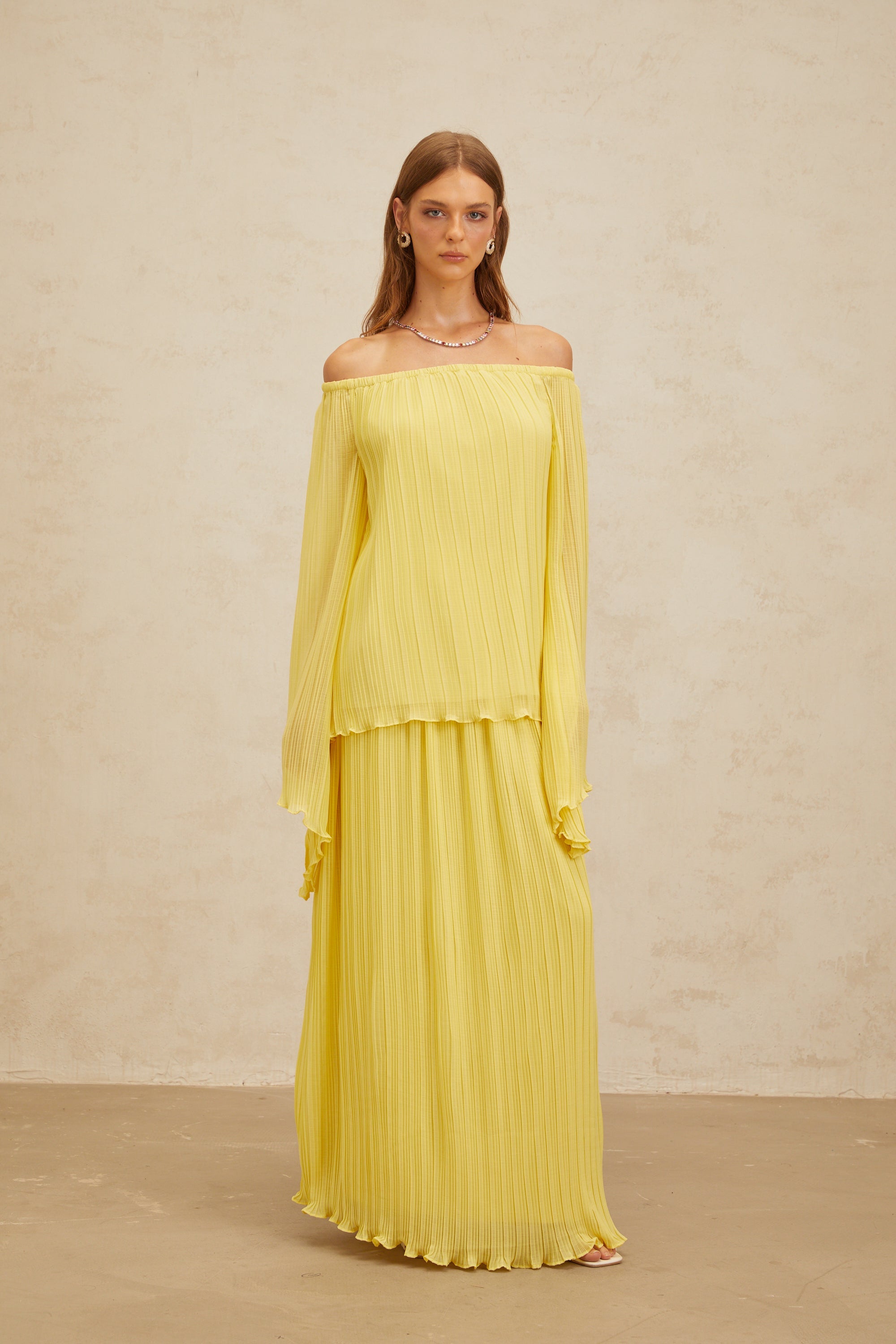 Yseult Yellow Pleated Casual Blouse & Skirt Set