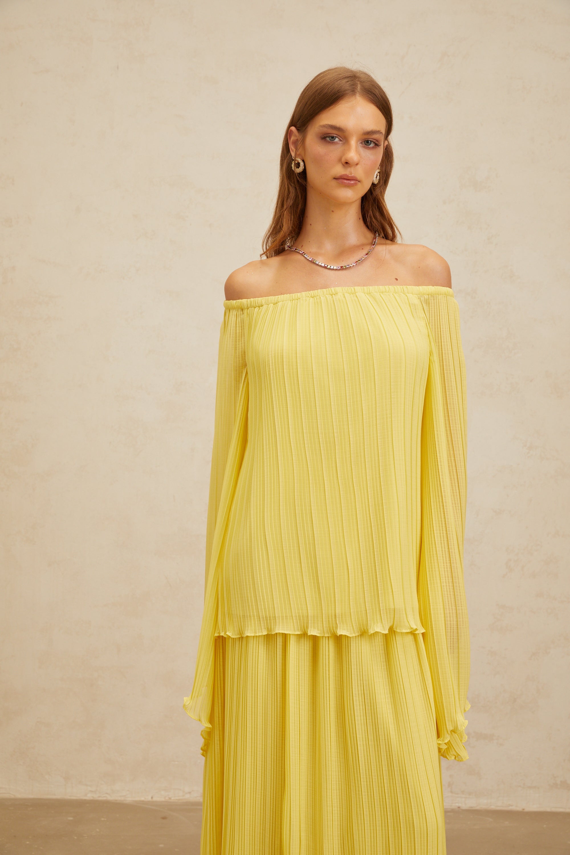 Yseult Yellow Pleated Casual Blouse & Skirt Set