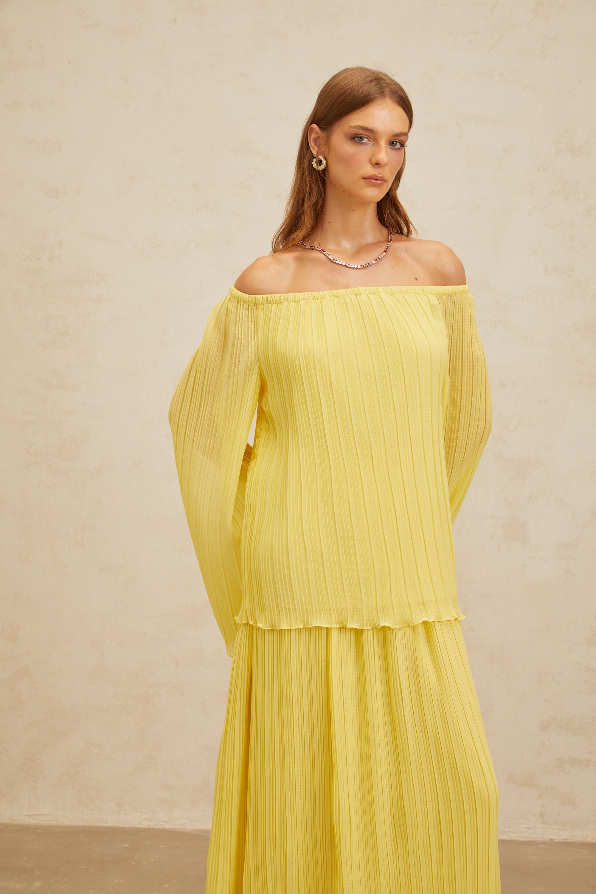 Yseult Yellow Pleated Casual Blouse & Skirt Set
