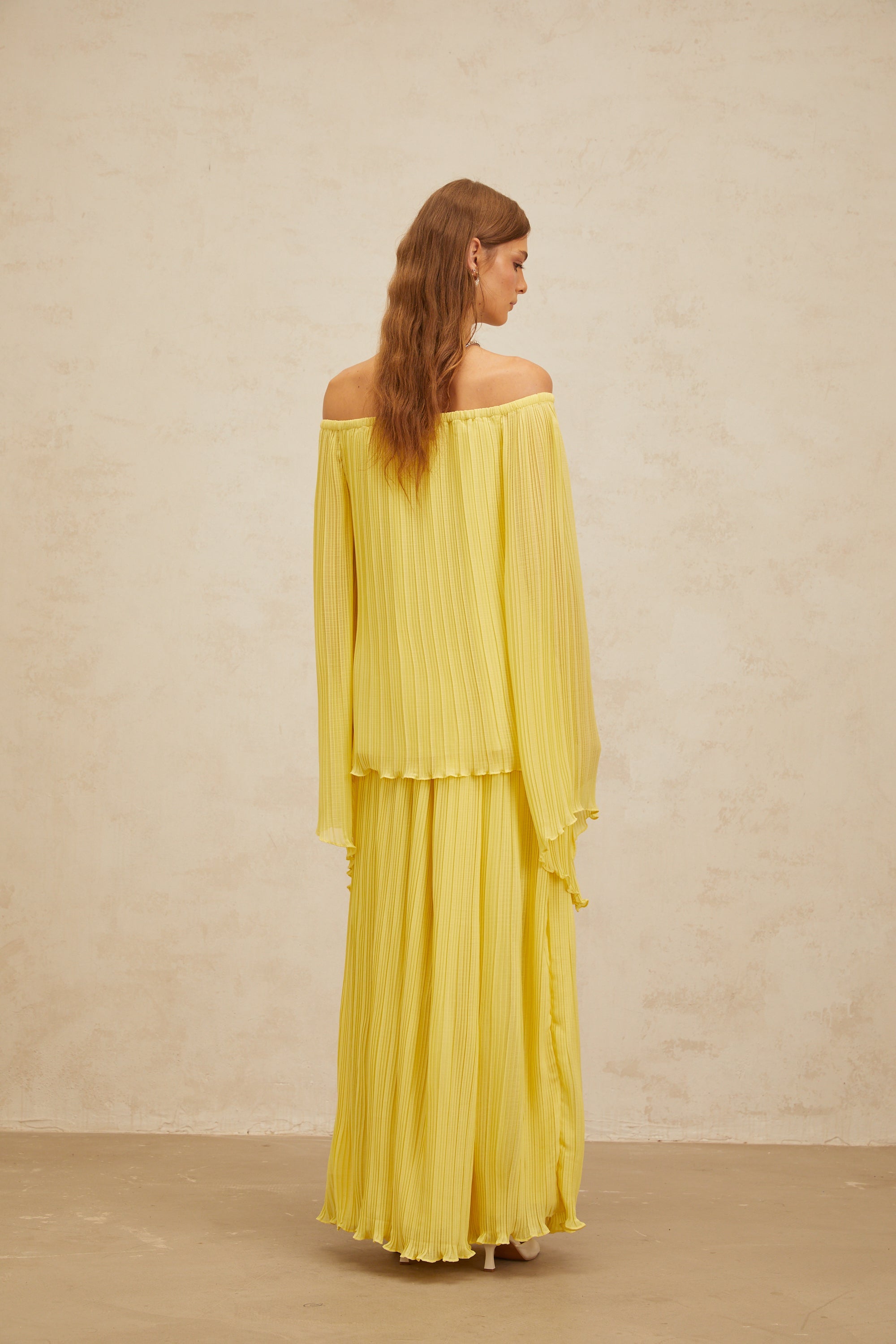 Yseult Yellow Pleated Casual Blouse & Skirt Set
