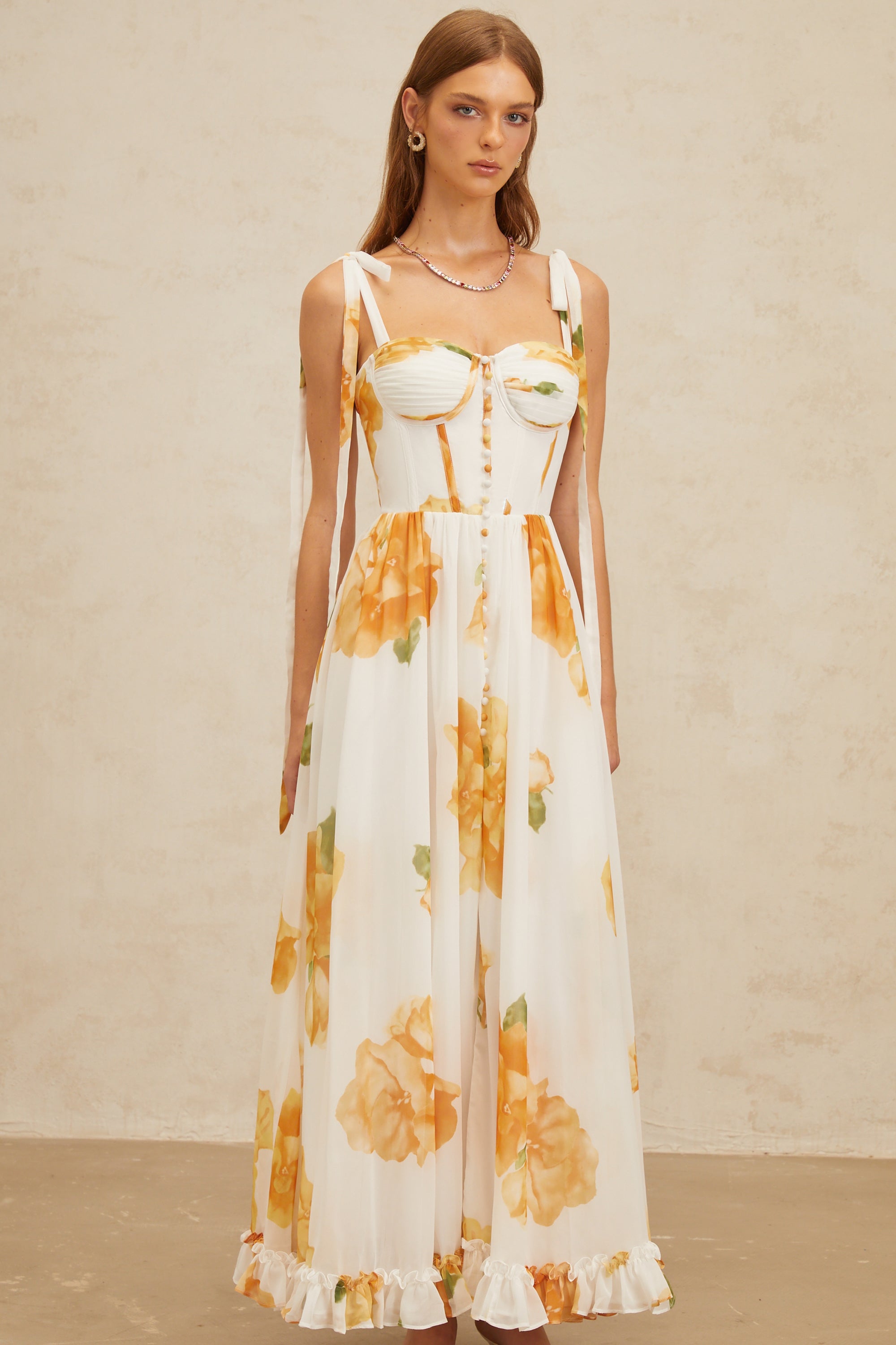 Bérénice White Floral Print Shirred Maxi Dress