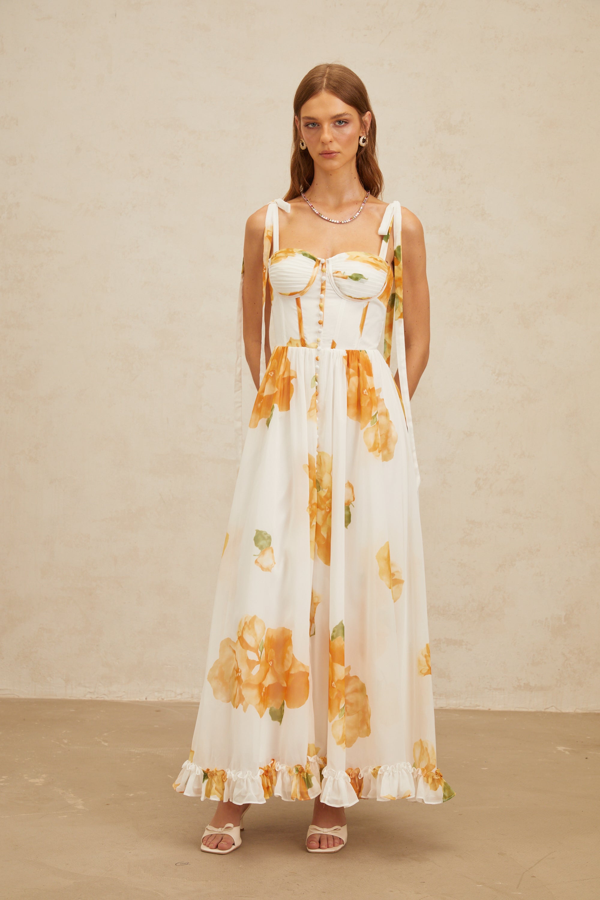 Bérénice White Floral Print Shirred Maxi Dress