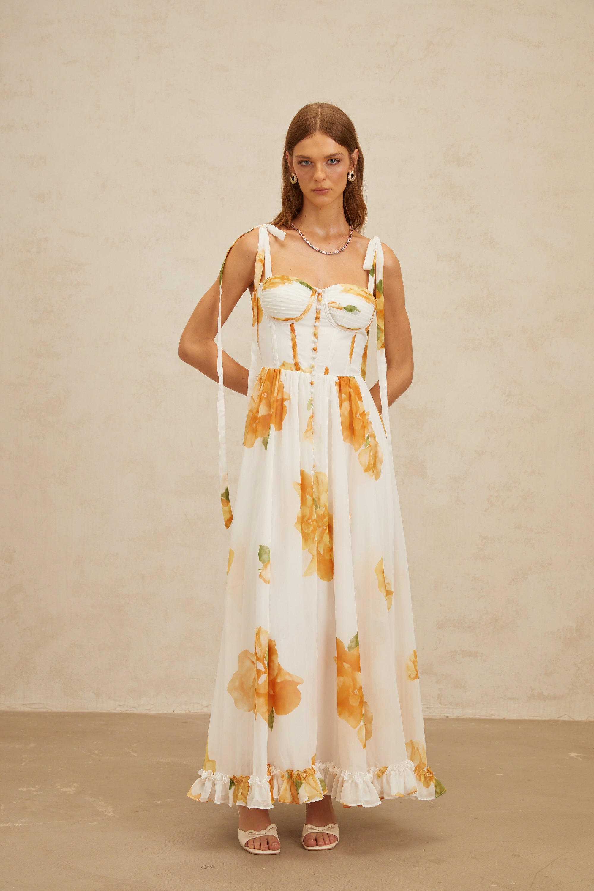 Bérénice White Floral Print Shirred Maxi Dress