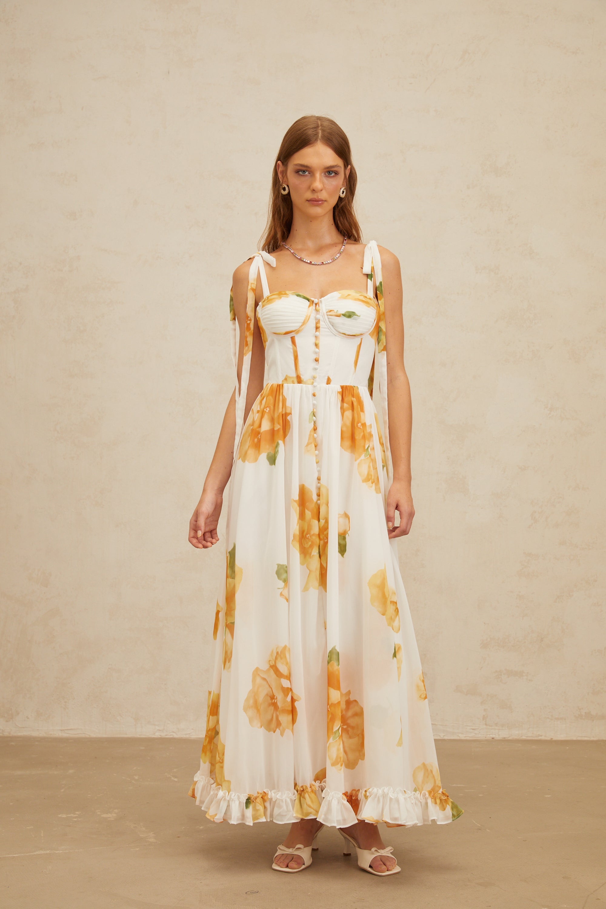 Bérénice White Floral Print Shirred Maxi Dress