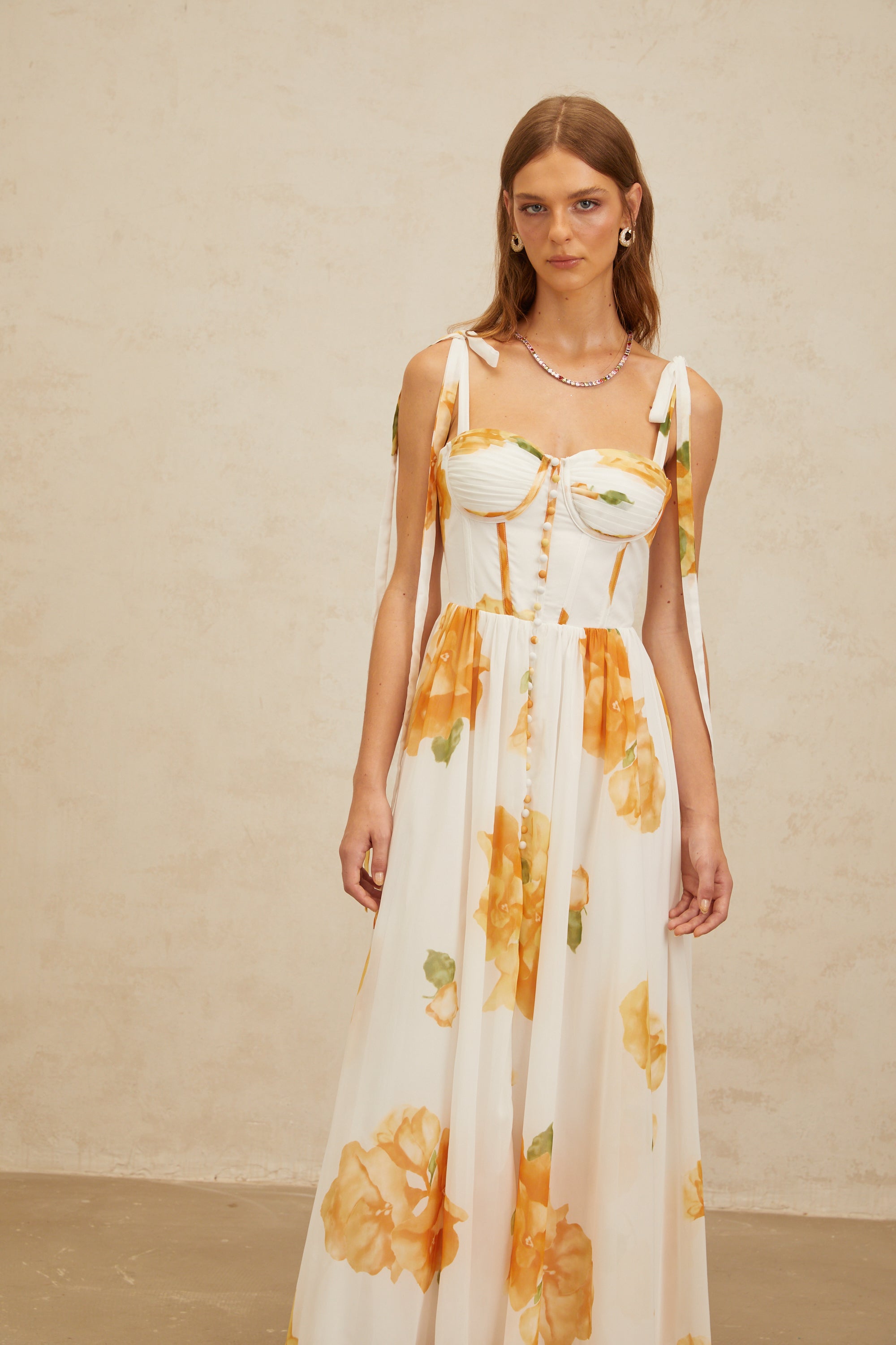 Bérénice White Floral Print Shirred Maxi Dress