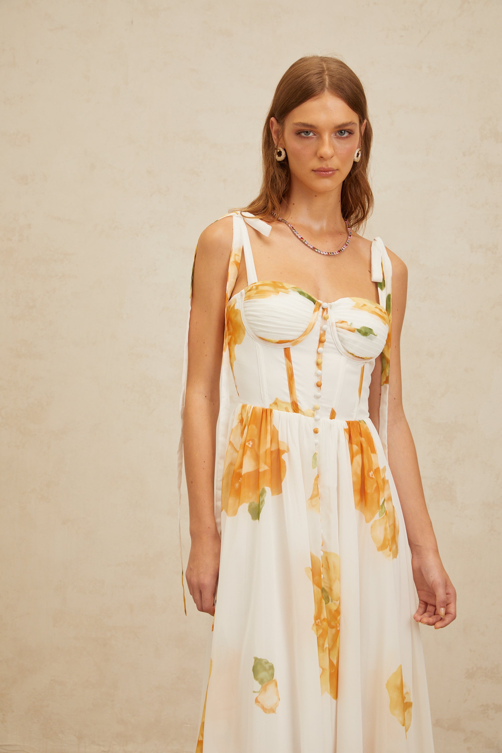 Bérénice White Floral Print Shirred Maxi Dress