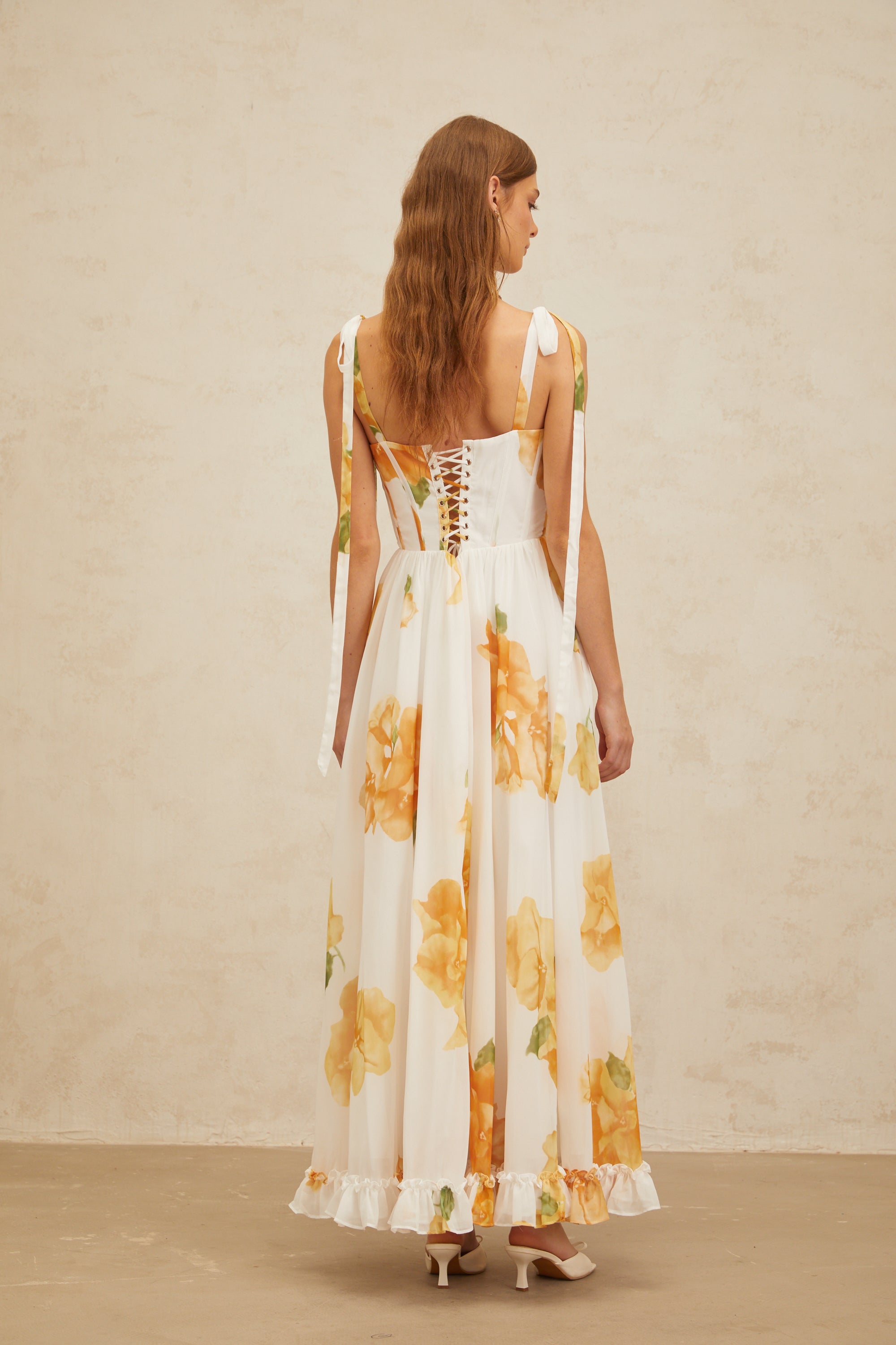 Bérénice White Floral Print Shirred Maxi Dress