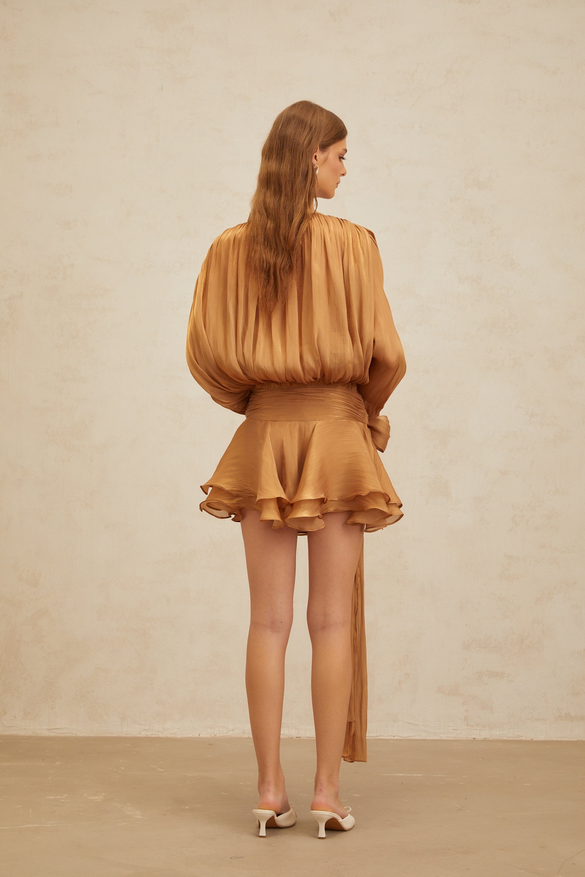 Eugénie Gold Fully Pleated Ruffled Mini Dress