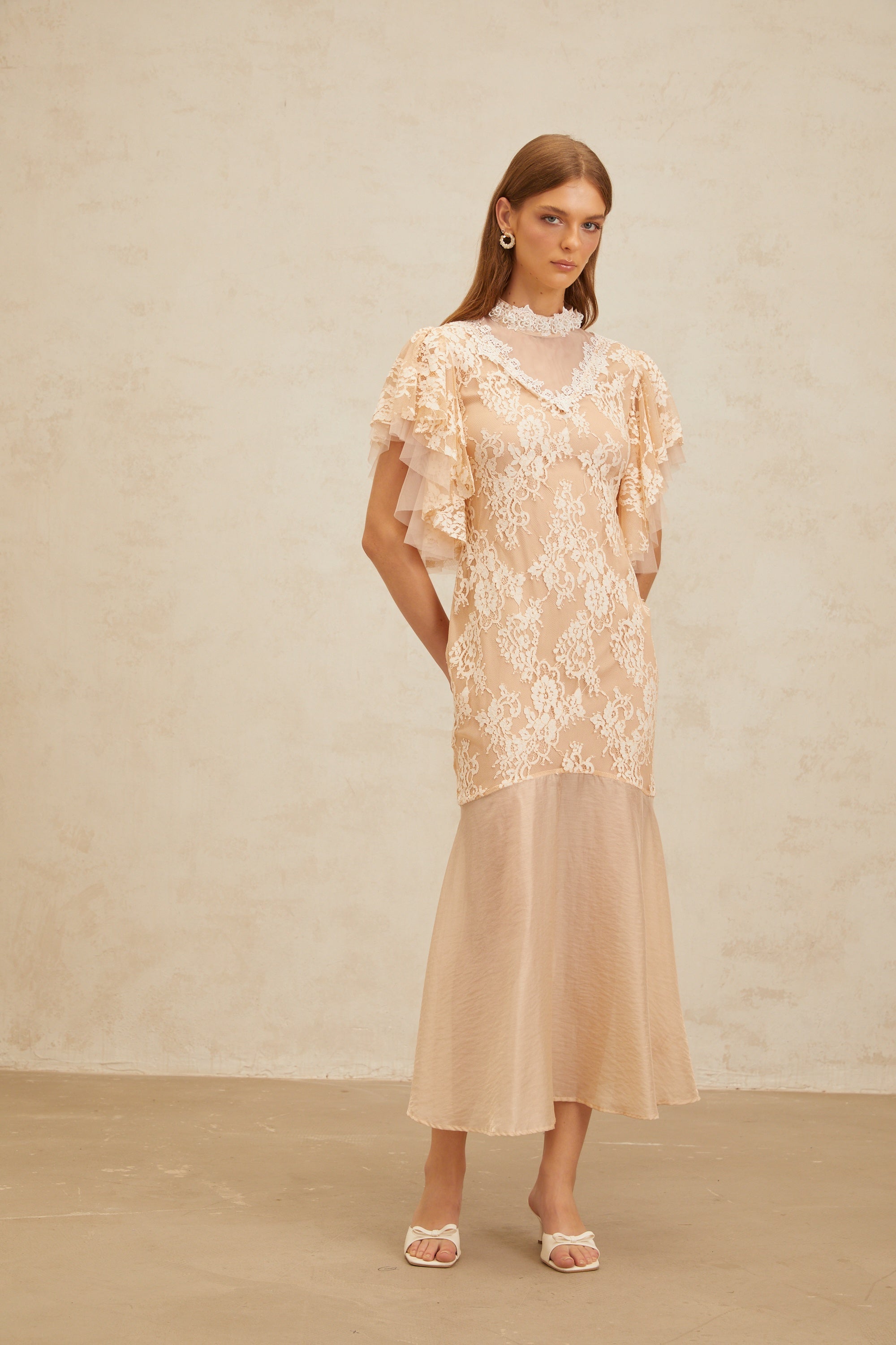 Annabelle Embellished Floral Lace Panelled Midi Dress in Neutrals