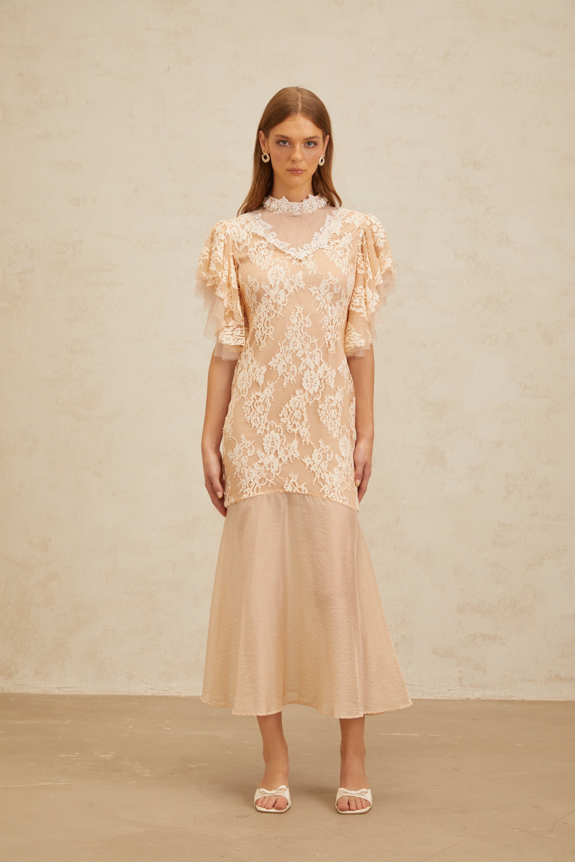Annabelle Embellished Floral Lace Panelled Midi Dress in Neutrals