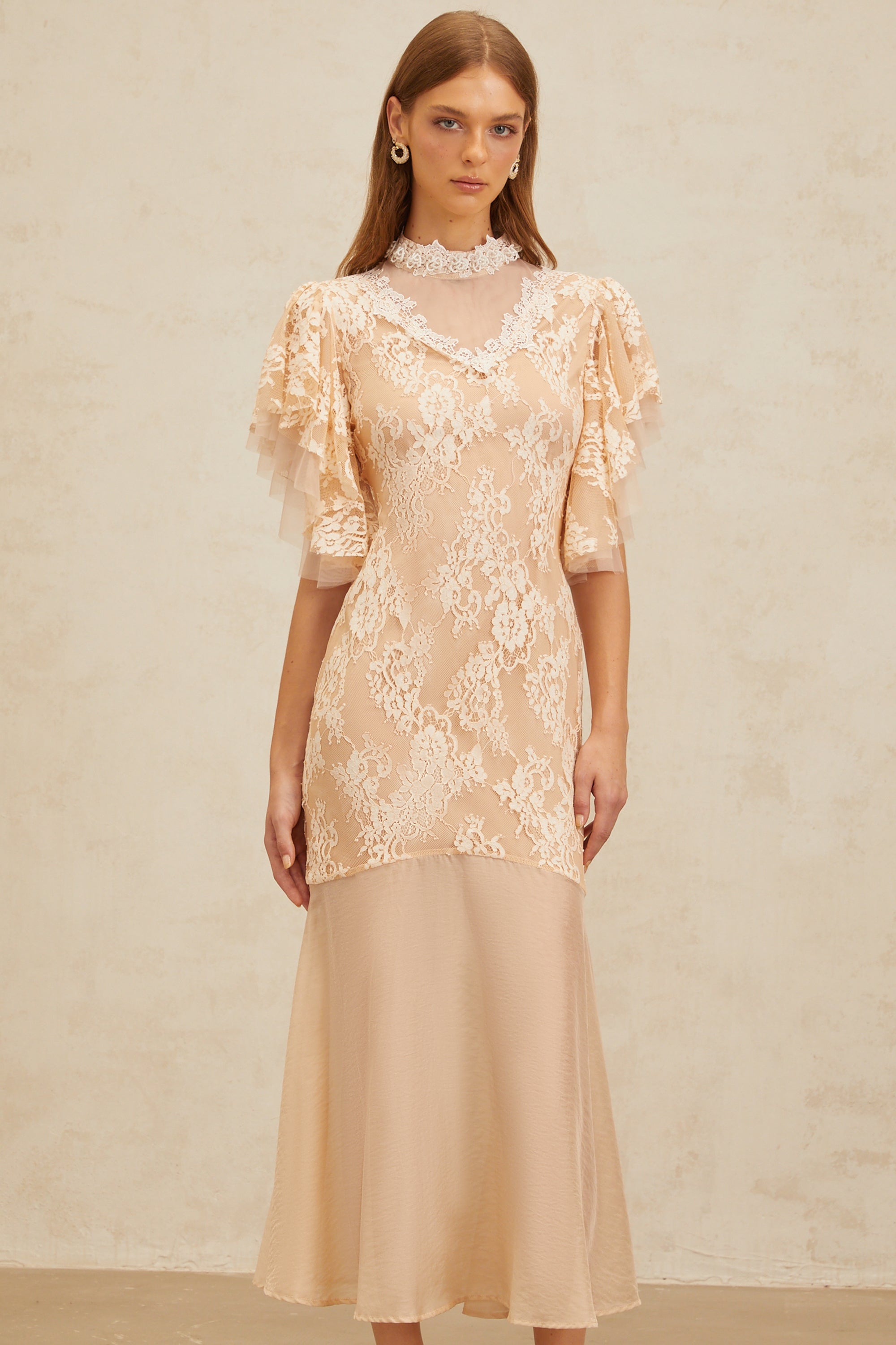 Annabelle Embellished Floral Lace Panelled Midi Dress in Neutrals