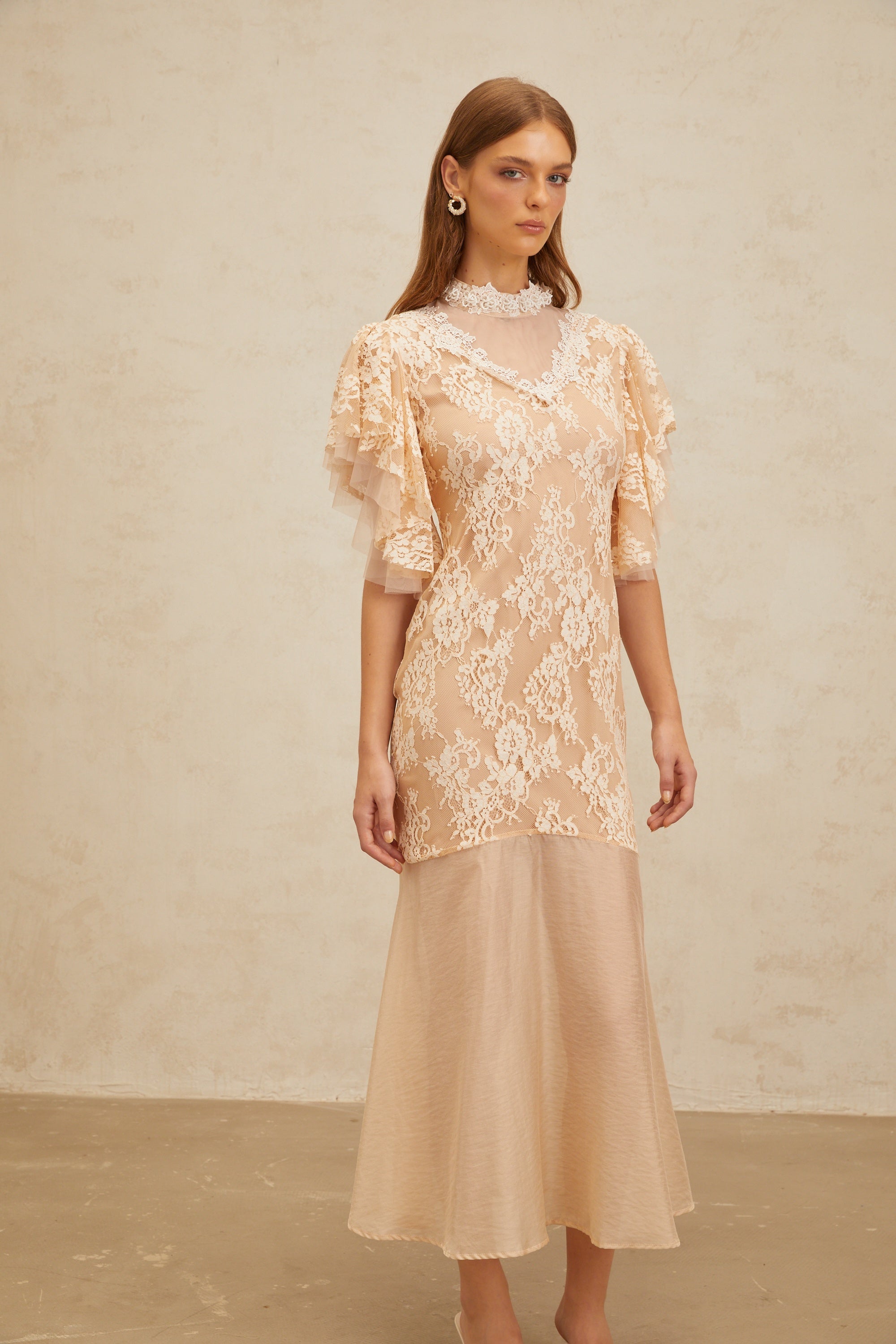 Annabelle Embellished Floral Lace Panelled Midi Dress in Neutrals