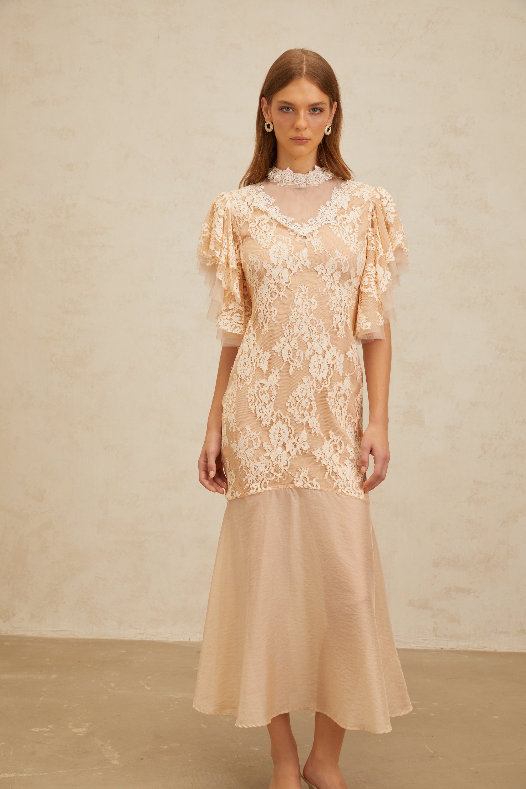 Annabelle Embellished Floral Lace Panelled Midi Dress in Neutrals