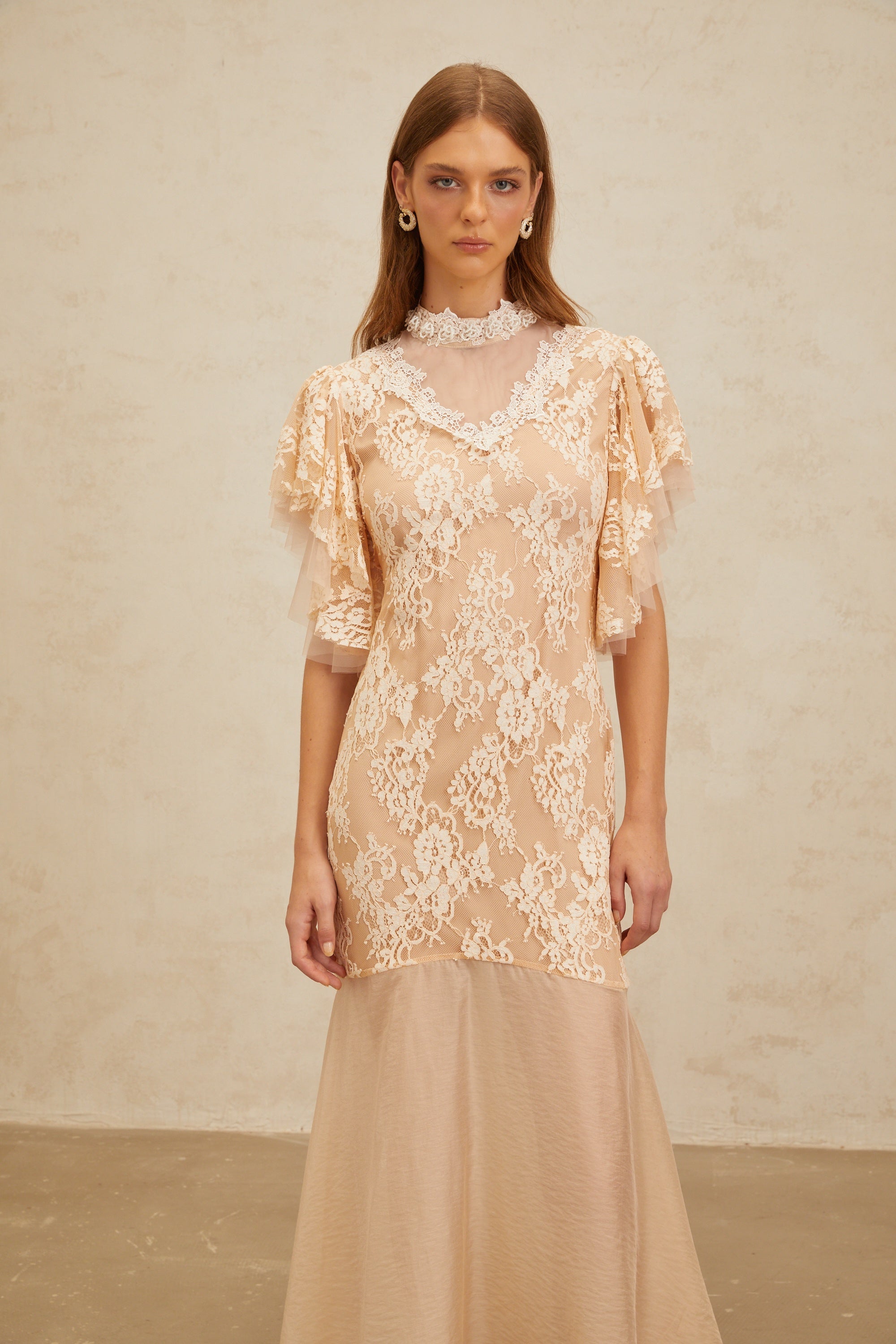 Annabelle Embellished Floral Lace Panelled Midi Dress in Neutrals