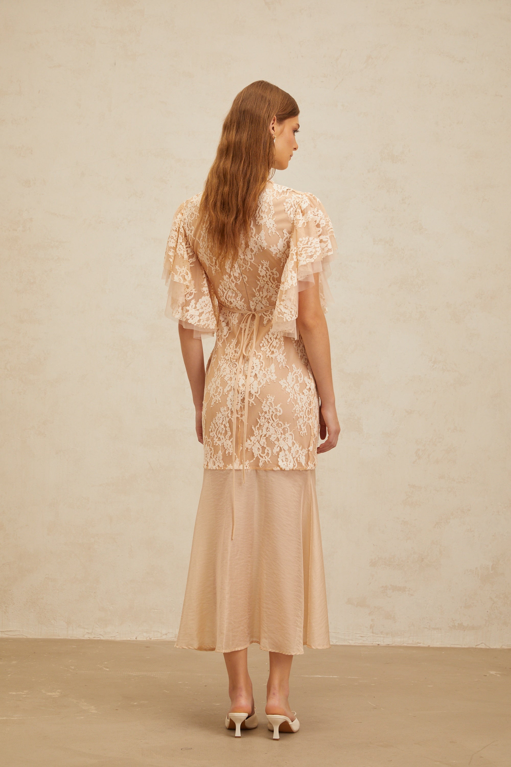 Annabelle Embellished Floral Lace Panelled Midi Dress in Neutrals