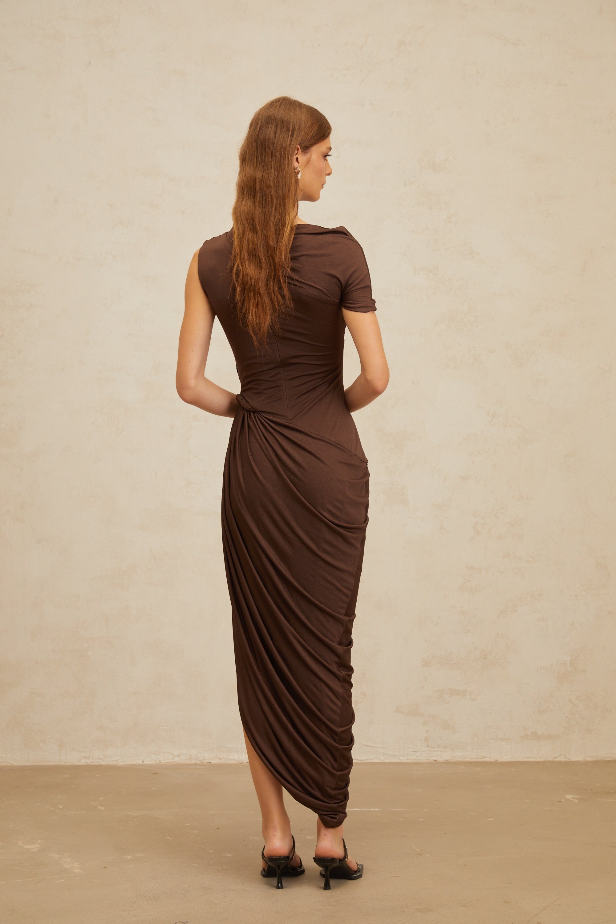Prune Brown Night Out Asymmetrical Ruched Midi Dress