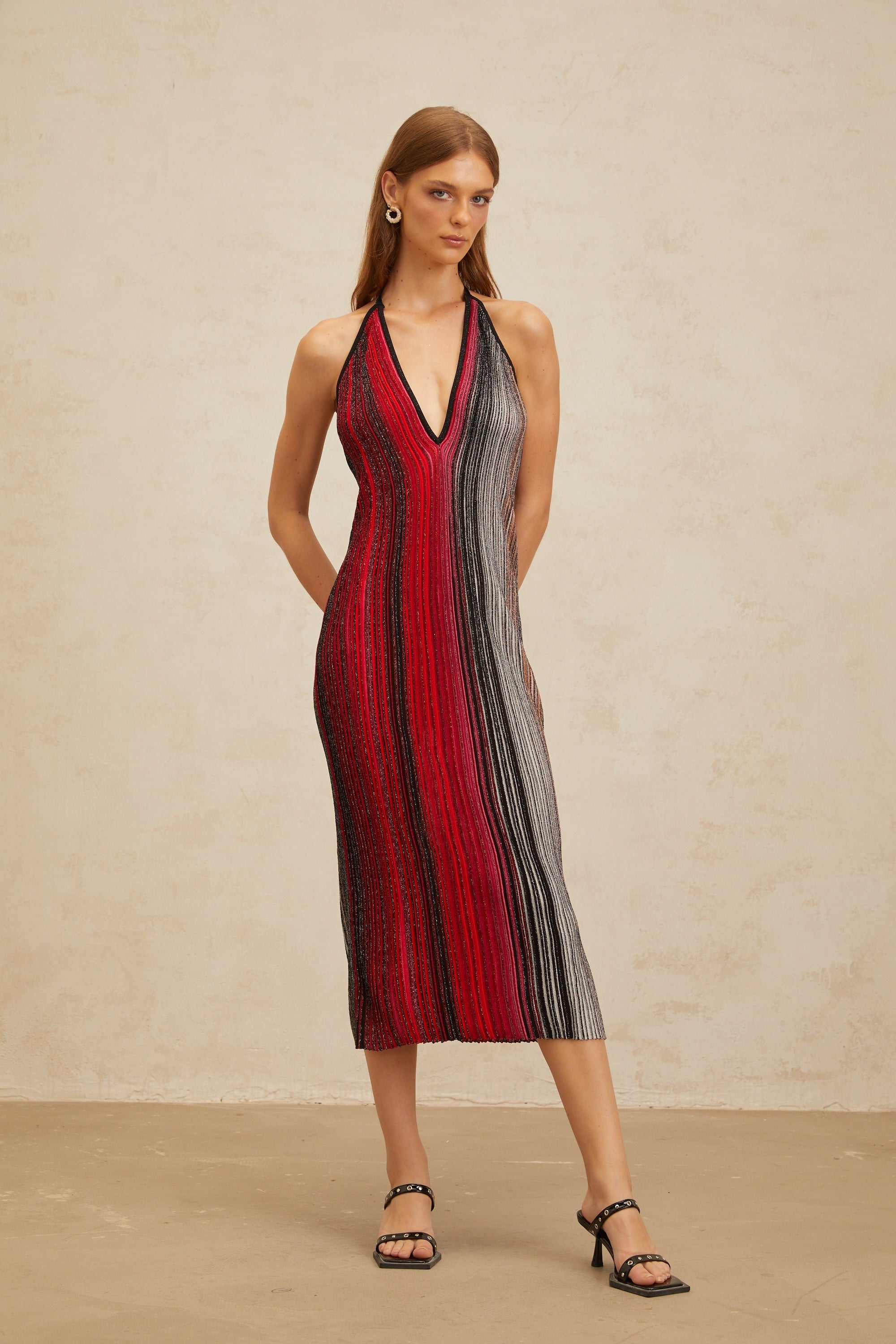 Amaryllis Red Sequined Striped Knit Midi Dress