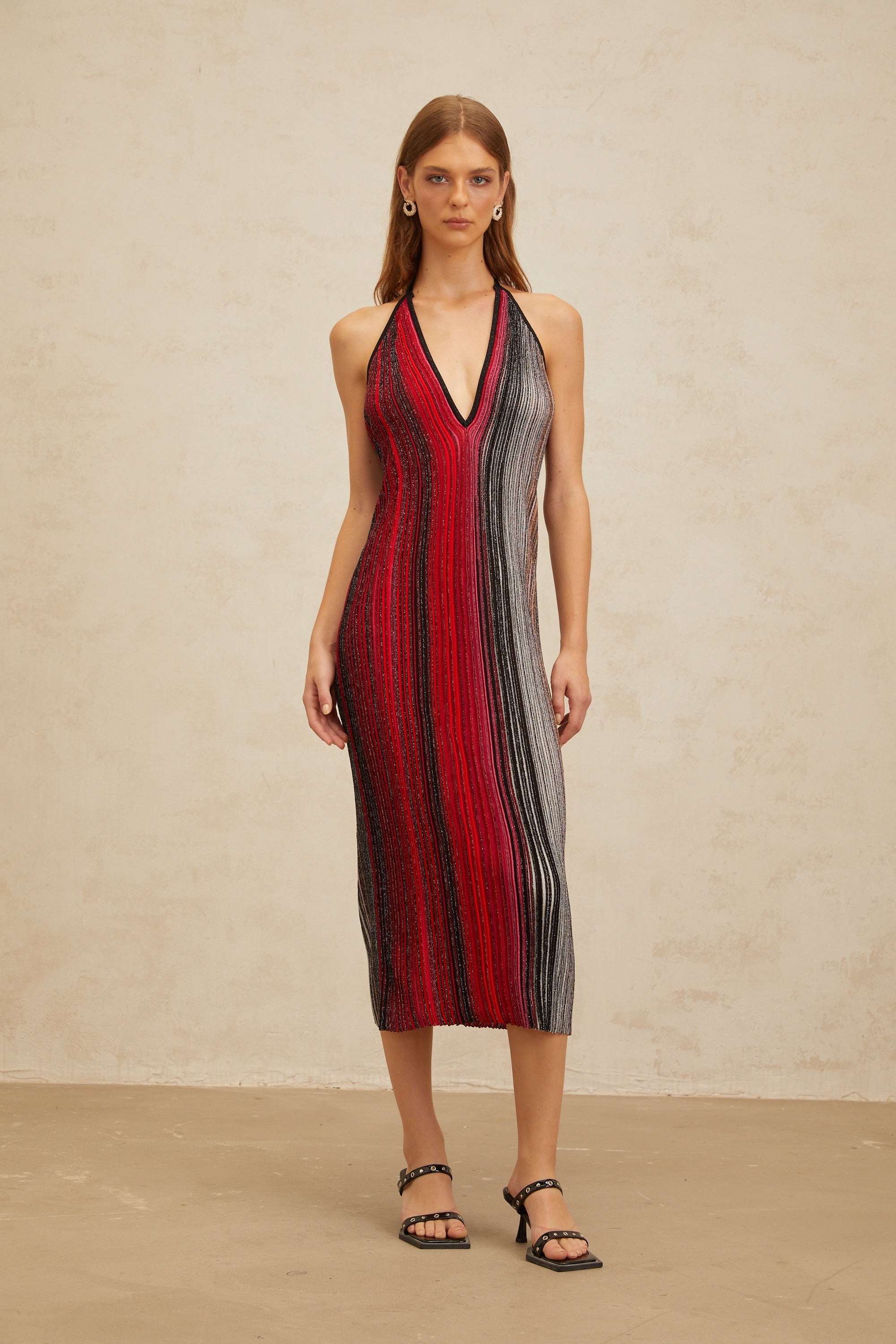 Amaryllis Red Sequined Striped Knit Midi Dress