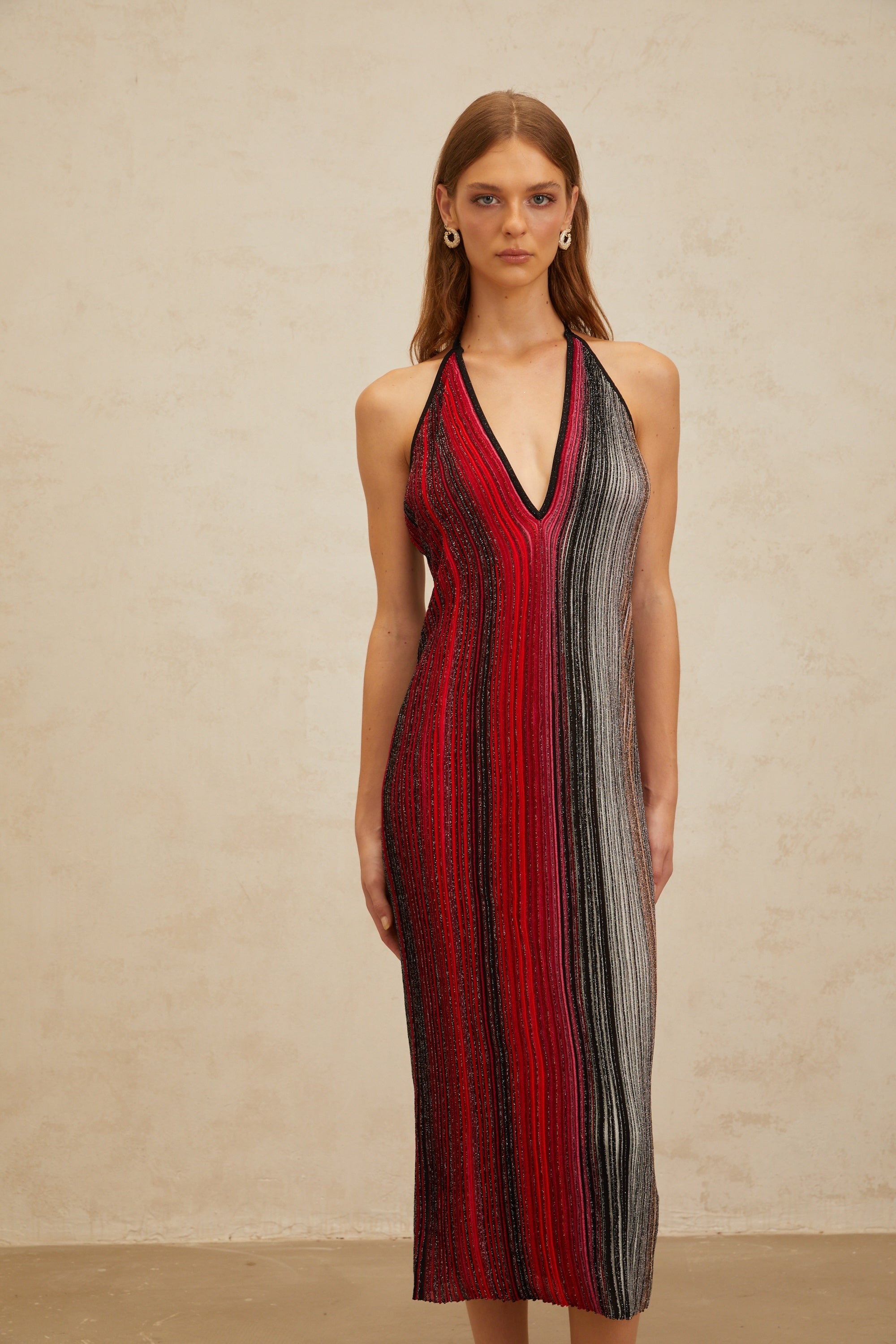 Amaryllis Red Sequined Striped Knit Midi Dress