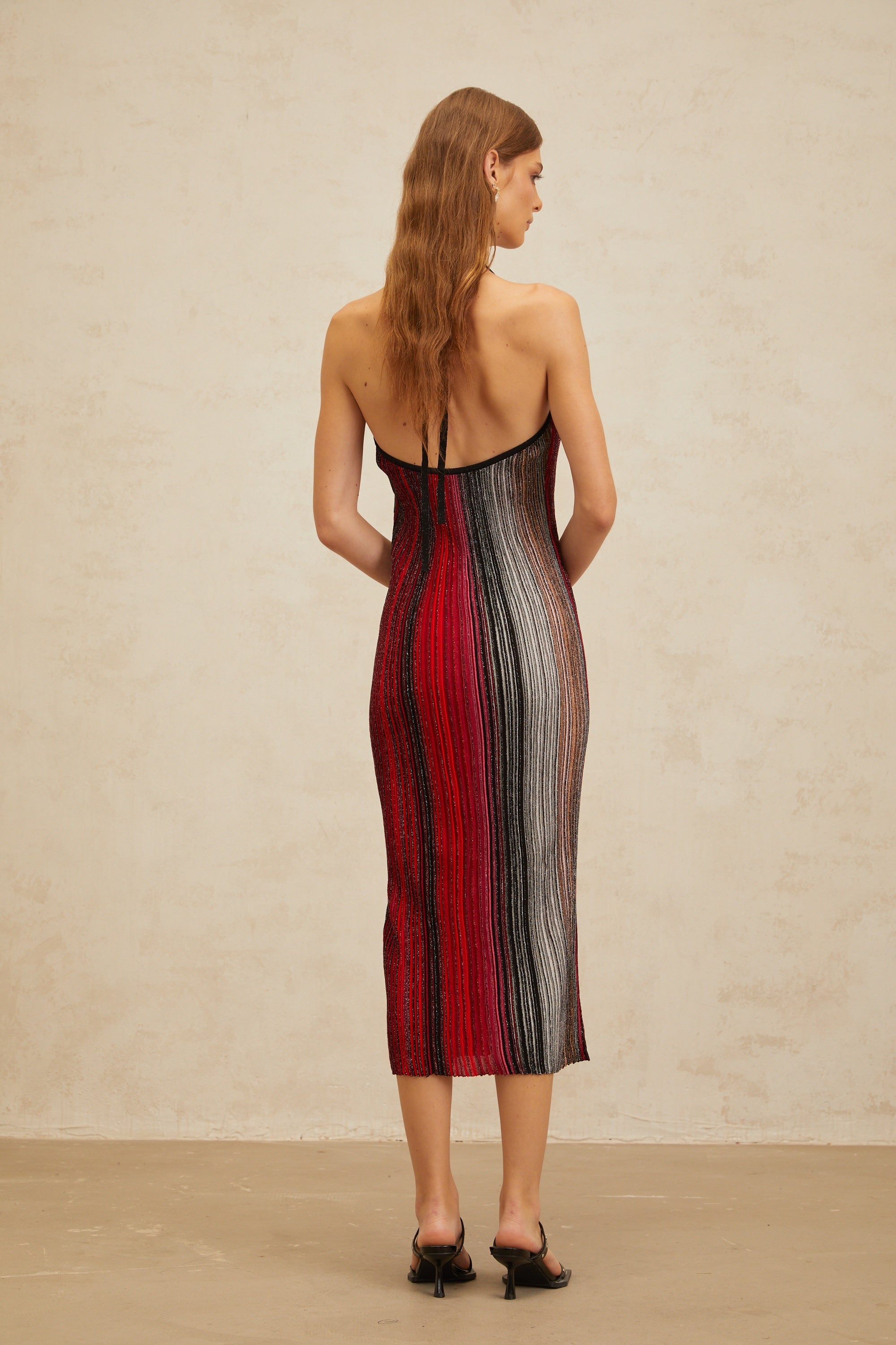 Amaryllis Red Sequined Striped Knit Midi Dress