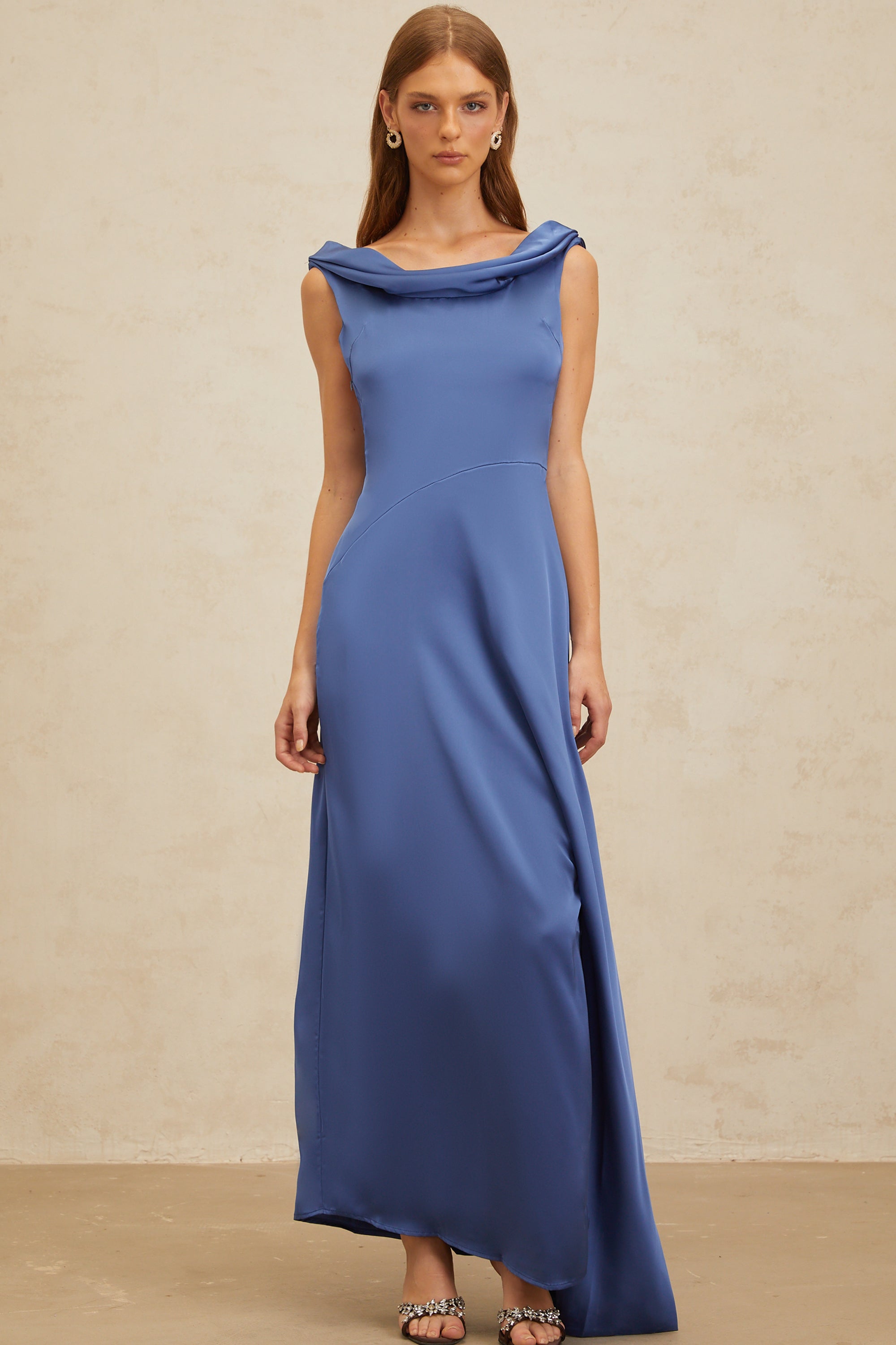 Éliane Sapphire Open-Back Satin Maxi Dress