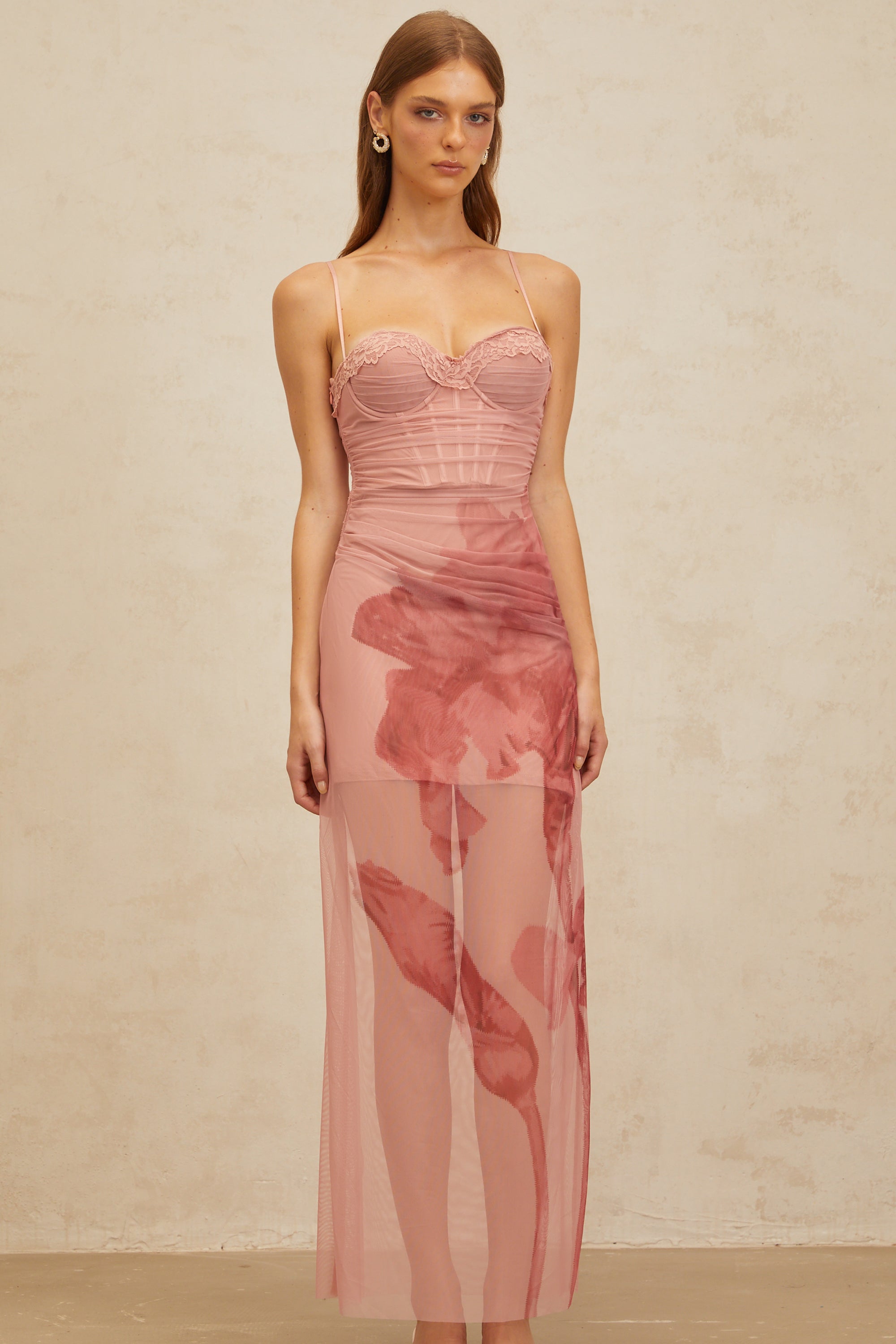 Amandine Pink Floral Print Tulle Maxi Dress (Final Sale)