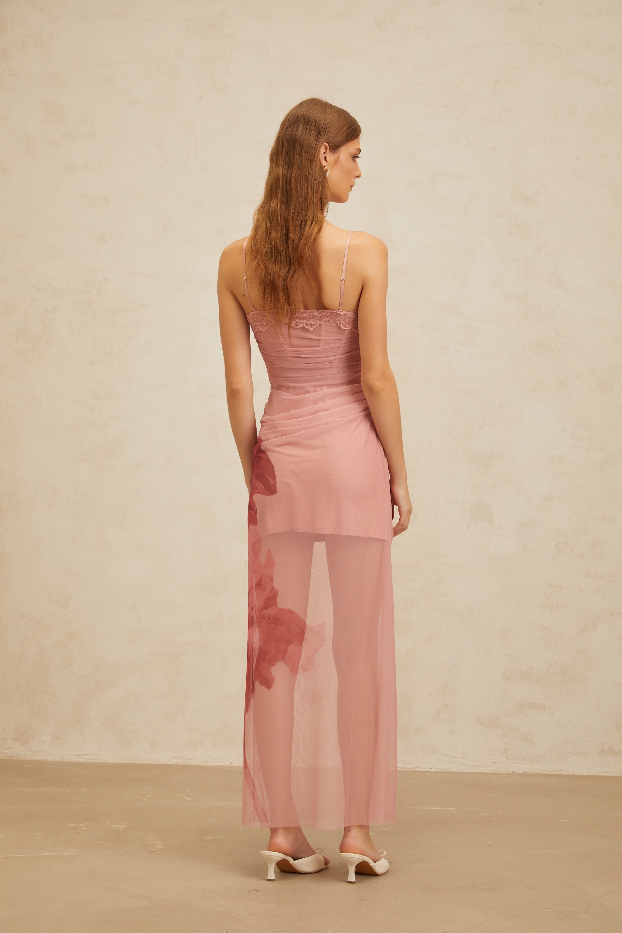 Amandine Pink Floral Print Tulle Maxi Dress