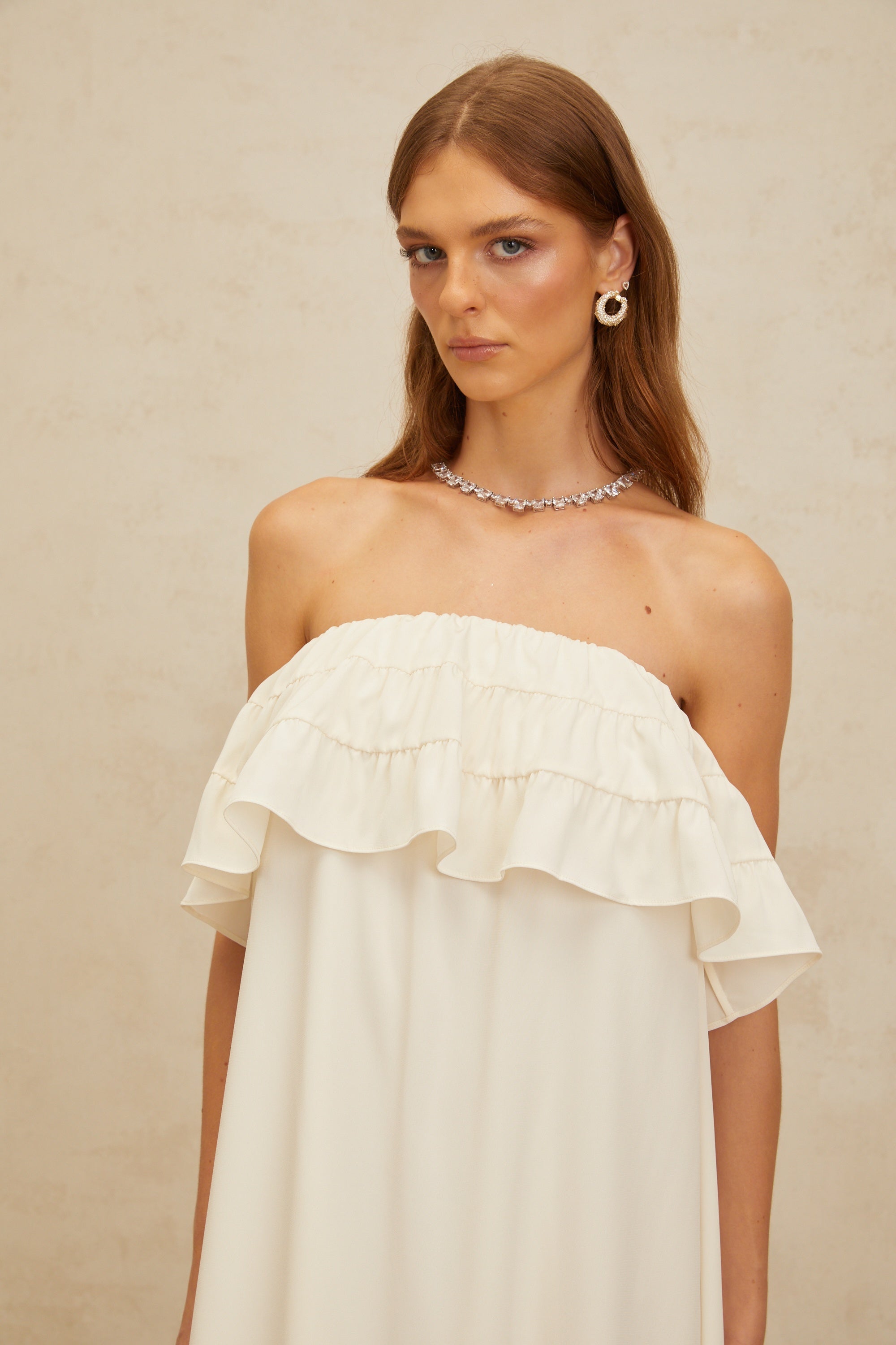 Bénédicte White Vibrant Off Shoulder Shirred Maxi Dress