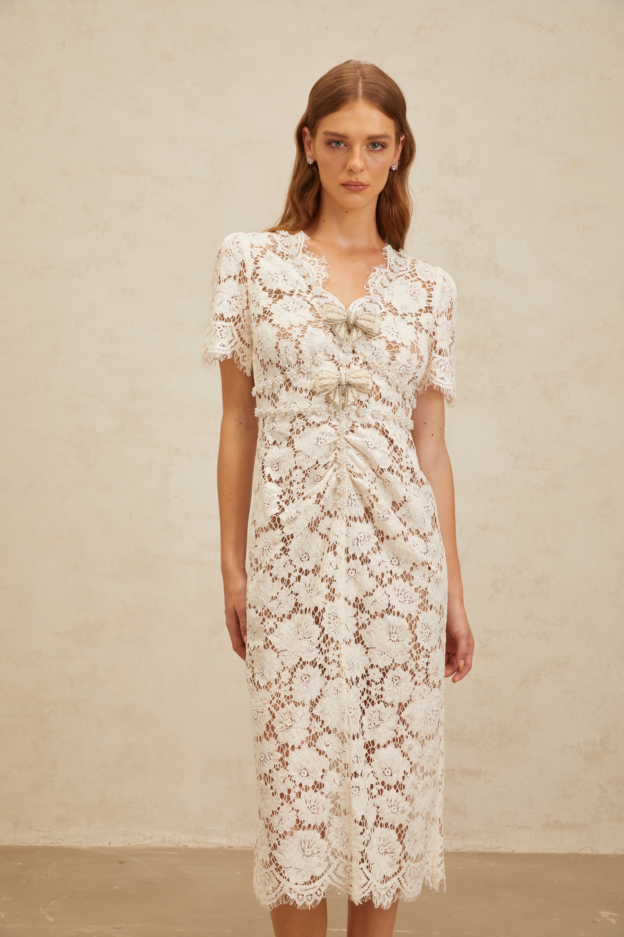 Aurore White Floral Lace Pencil Midi Dress