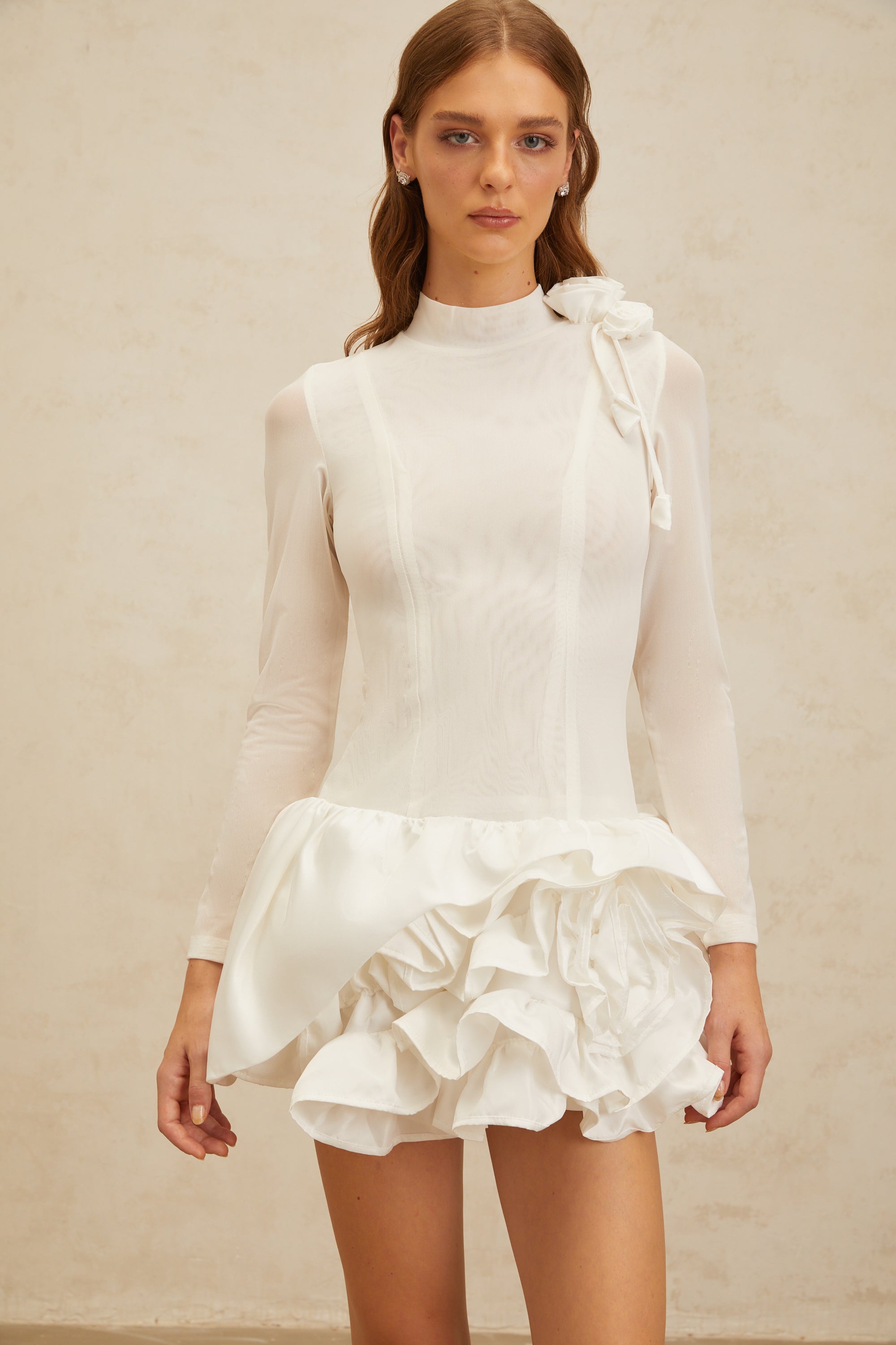 Léonor White 3D Petal Puff Mini Dress