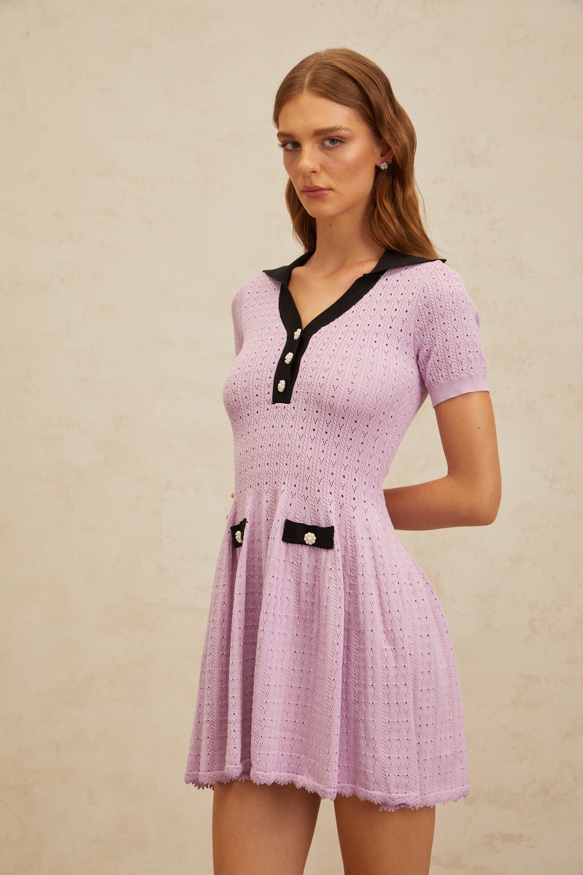 Noémie Purple Pointelle Knit Night Out Mini Dress