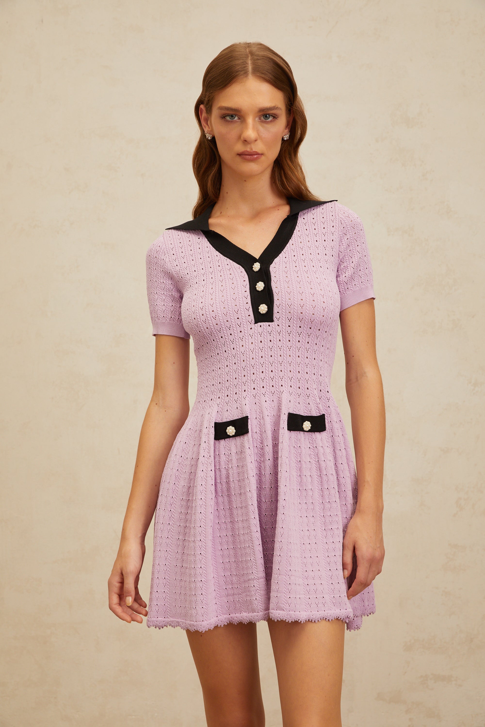 Noémie Purple Pointelle Knit Night Out Mini Dress