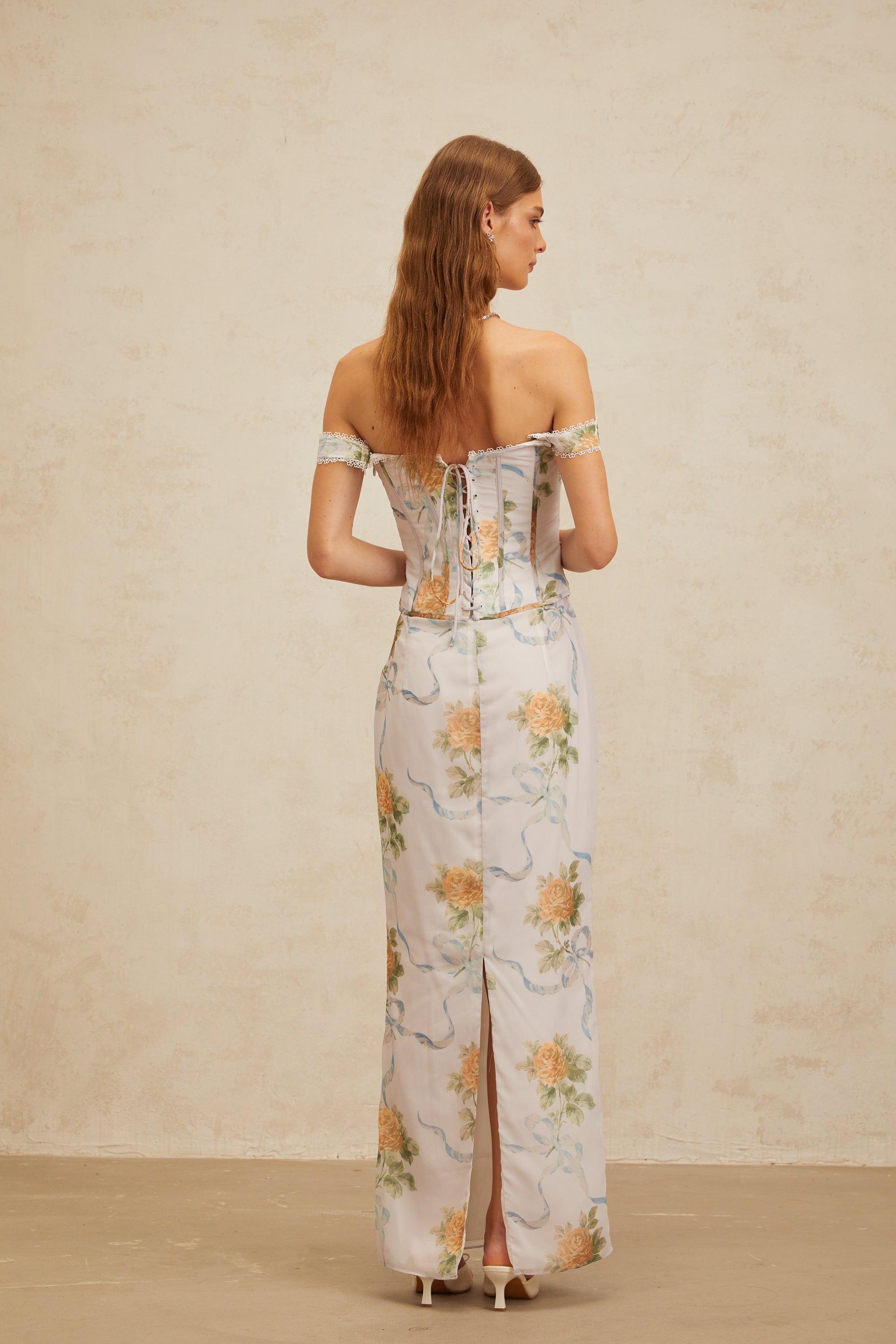 Béryl Soft-Blue Floral Print Fitted Maxi Dress