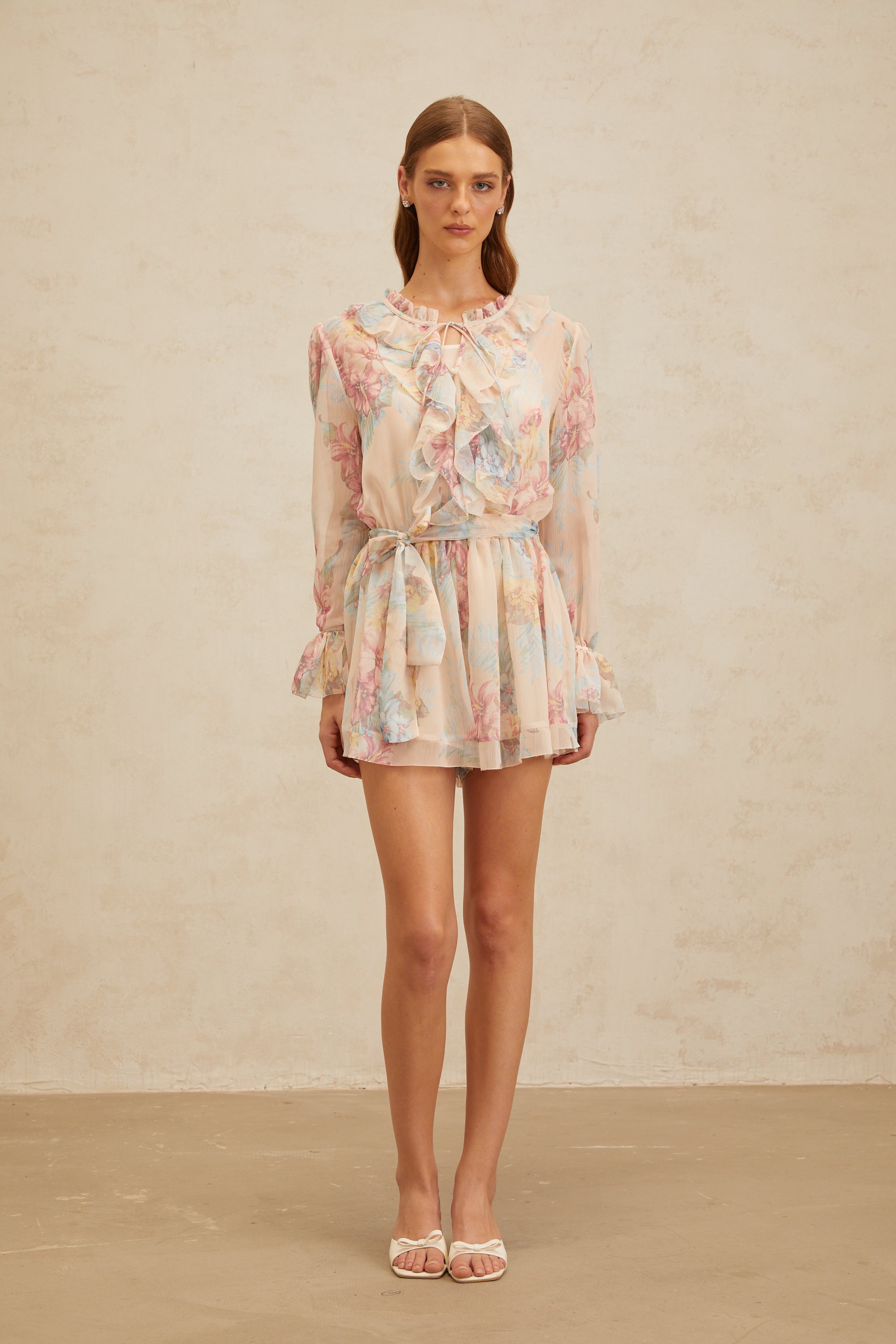 Aurore Neutral Floral Print Ruffled Chiffon Playsuit (Final Sale)