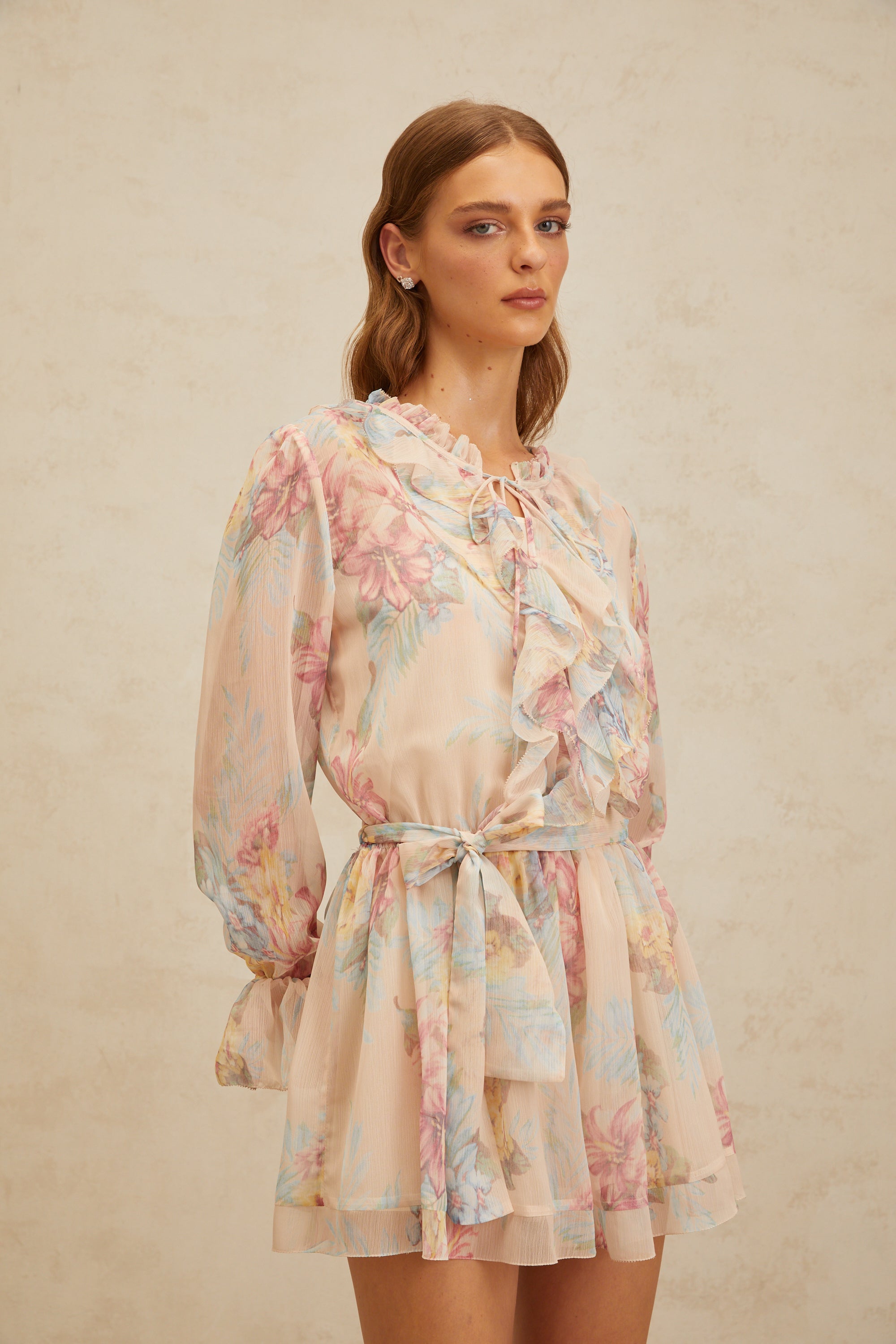 Aurore Neutral Floral Print Ruffled Chiffon Playsuit (Final Sale)